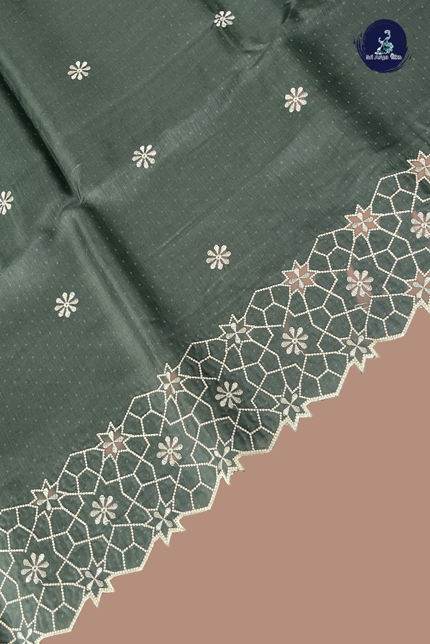Olive Green Semi Tussar Saree With Embroidery Pattern