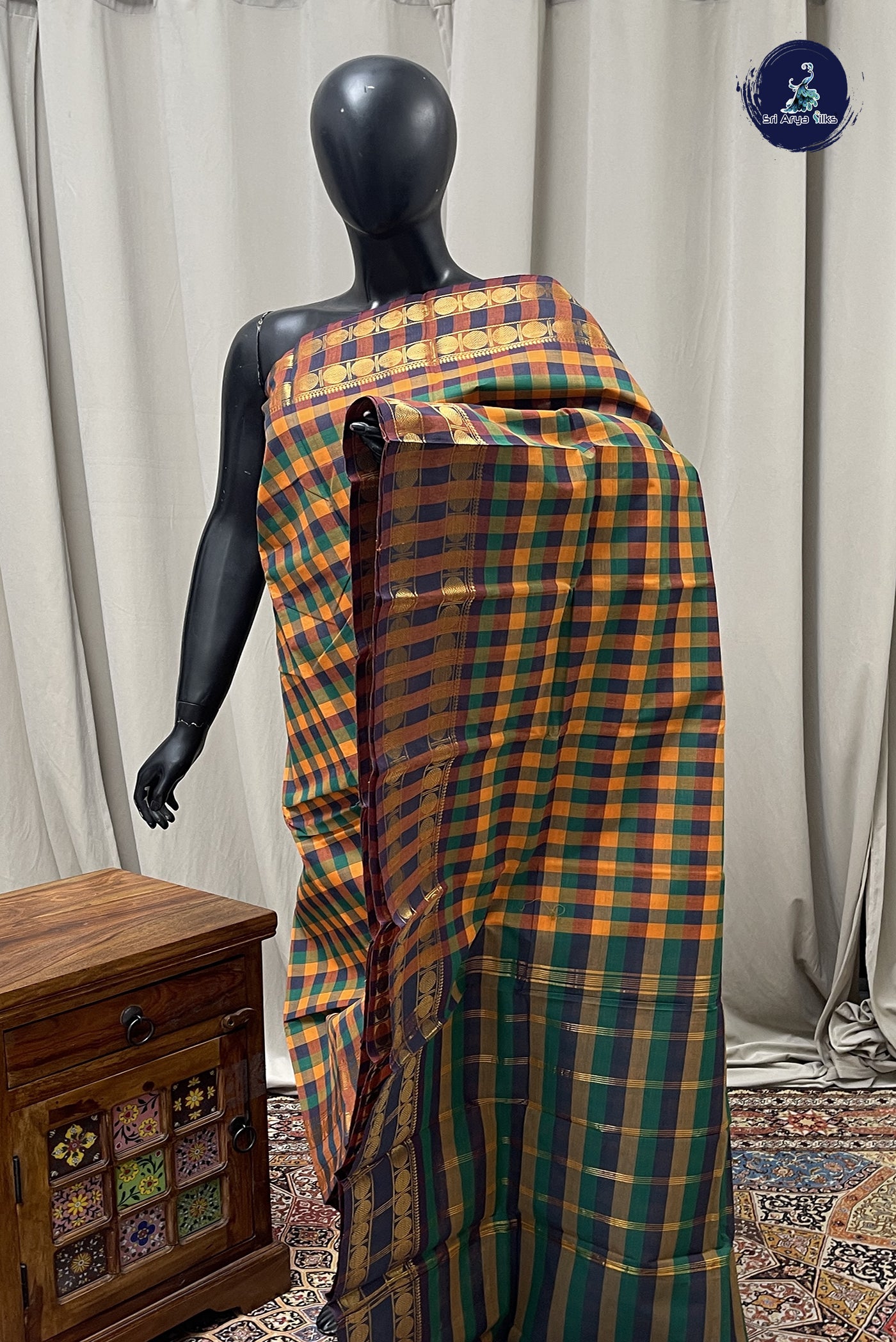Multi Color Cotton Saree With Checked Pattern