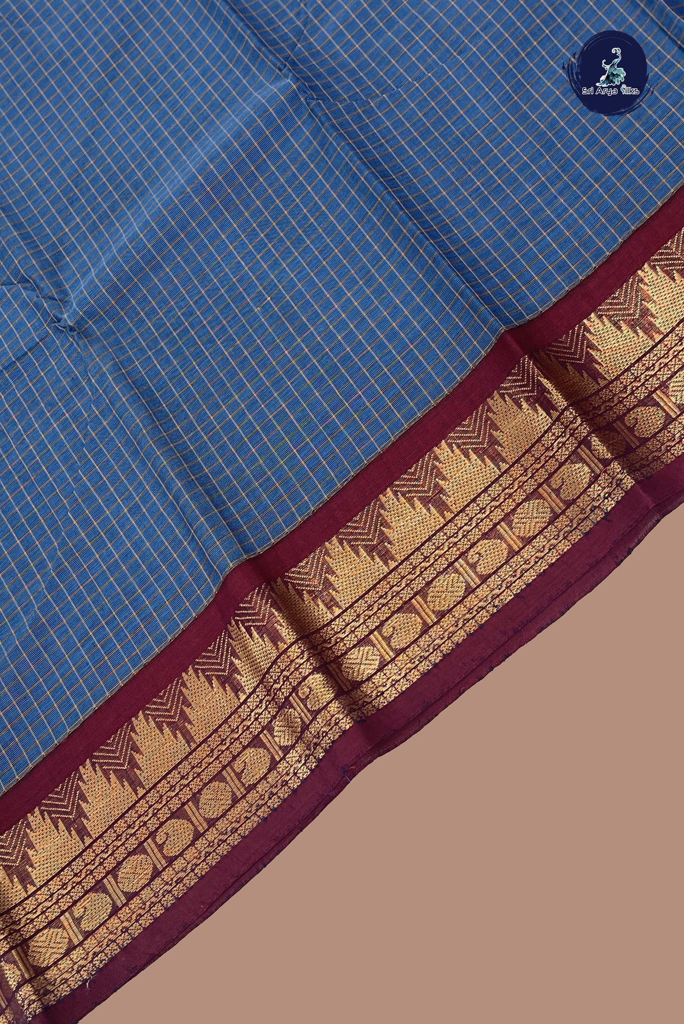 Blue Cotton Saree With Checked Pattern