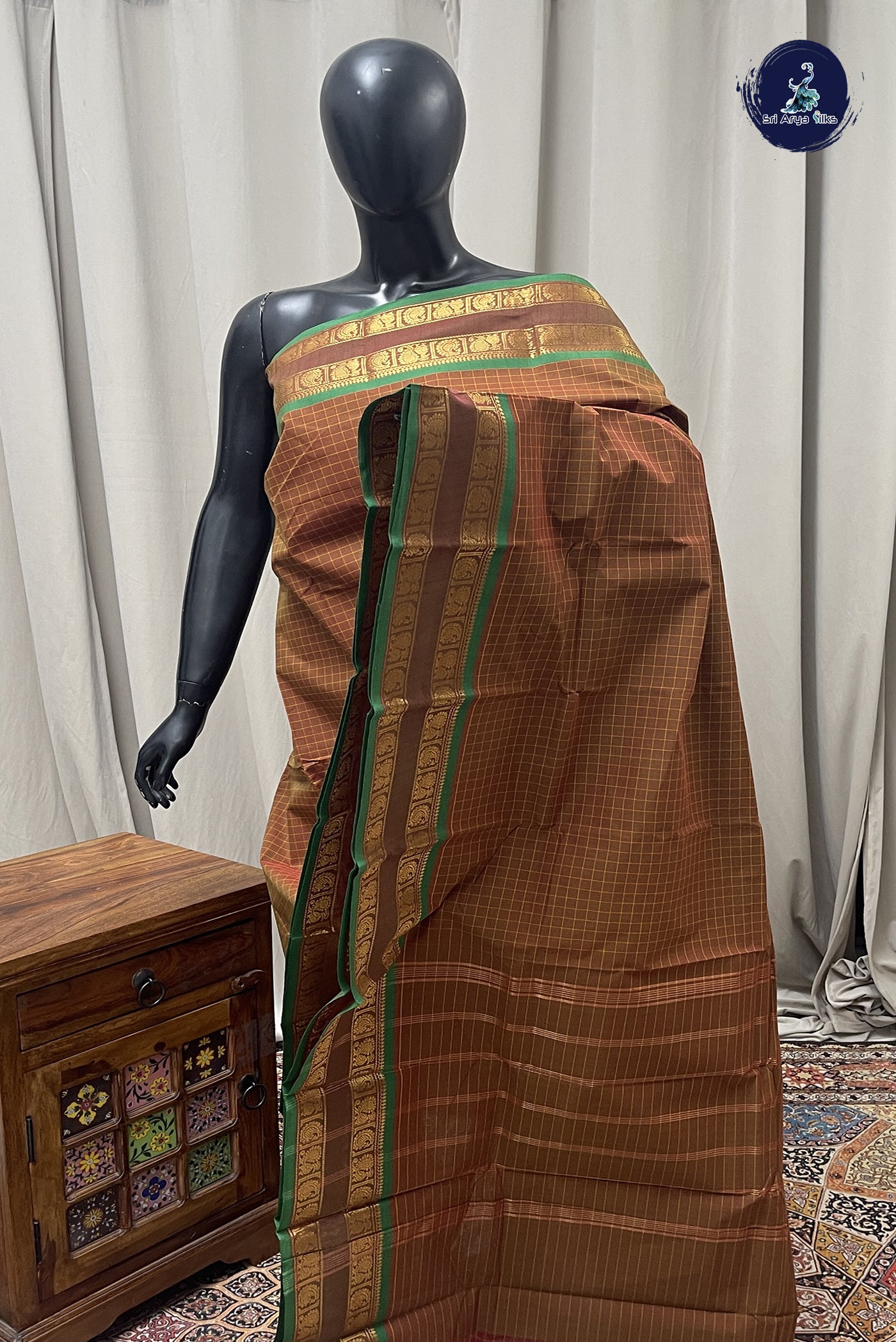 Brown Cotton Saree With Checked Pattern