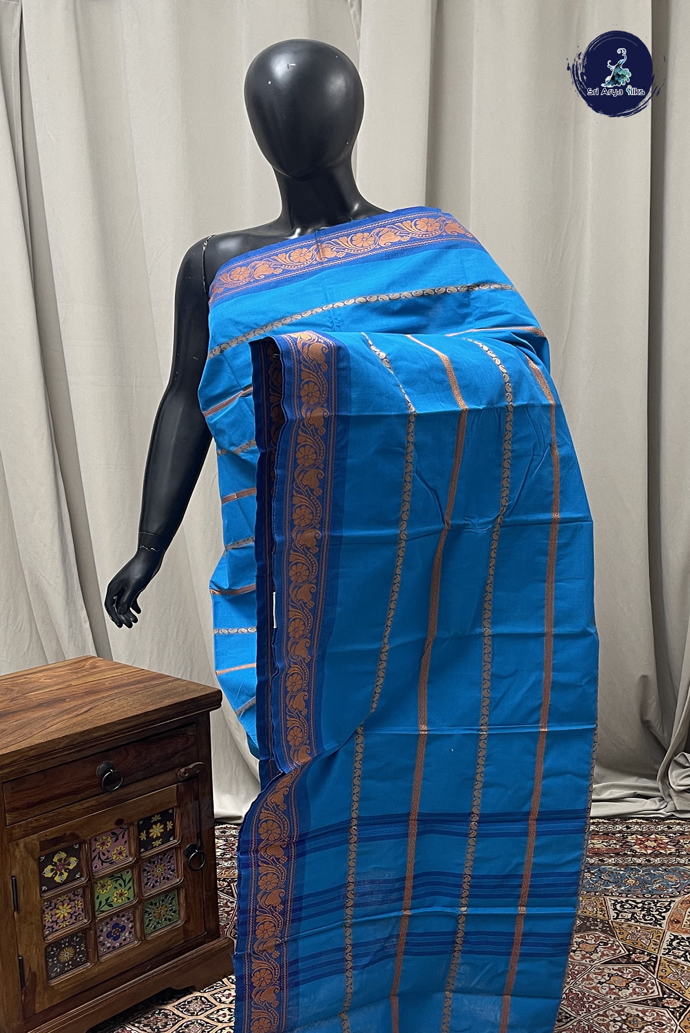 Blue Cotton Saree With Stripes Pattern