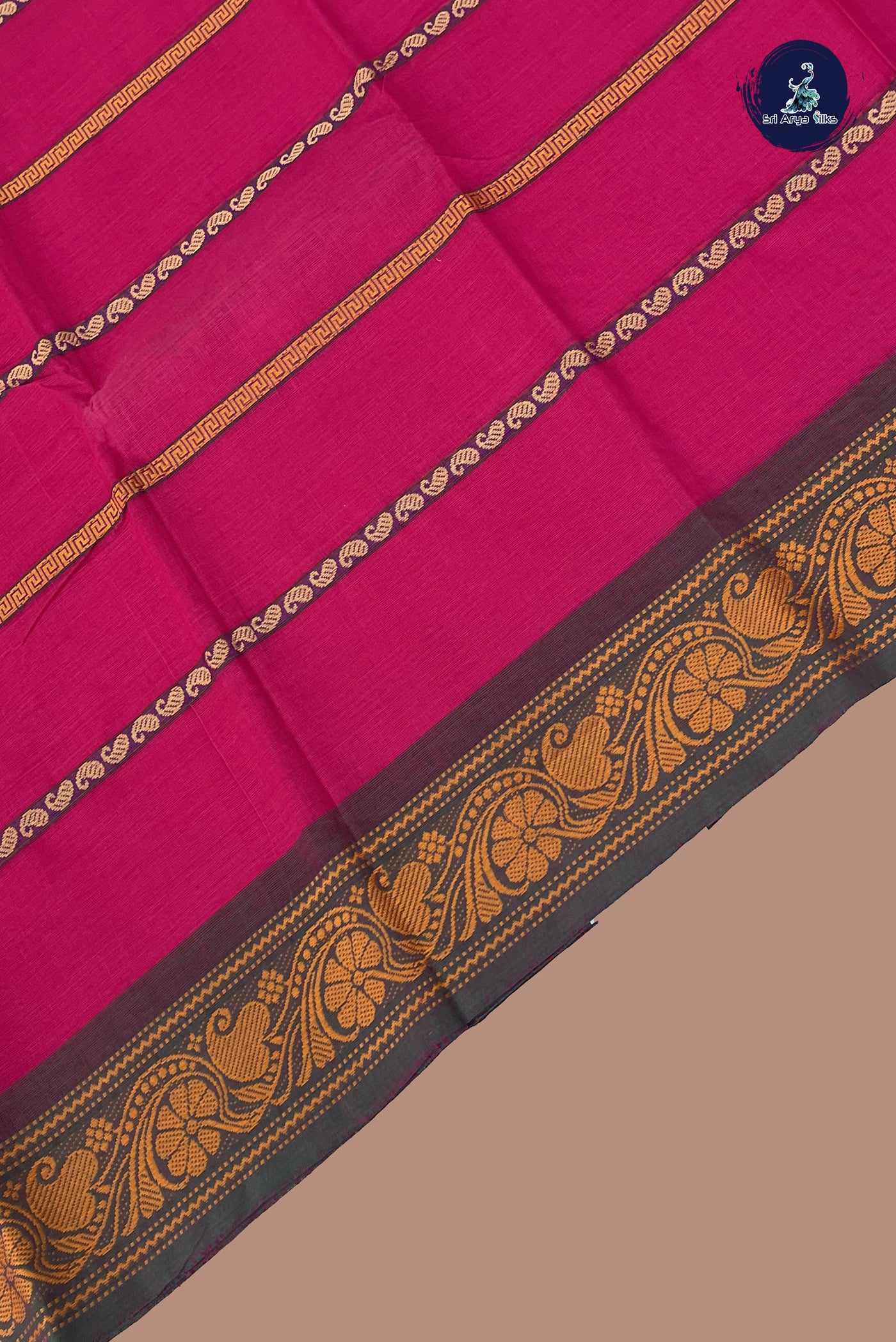 Pink Cotton Saree With Stripes Pattern