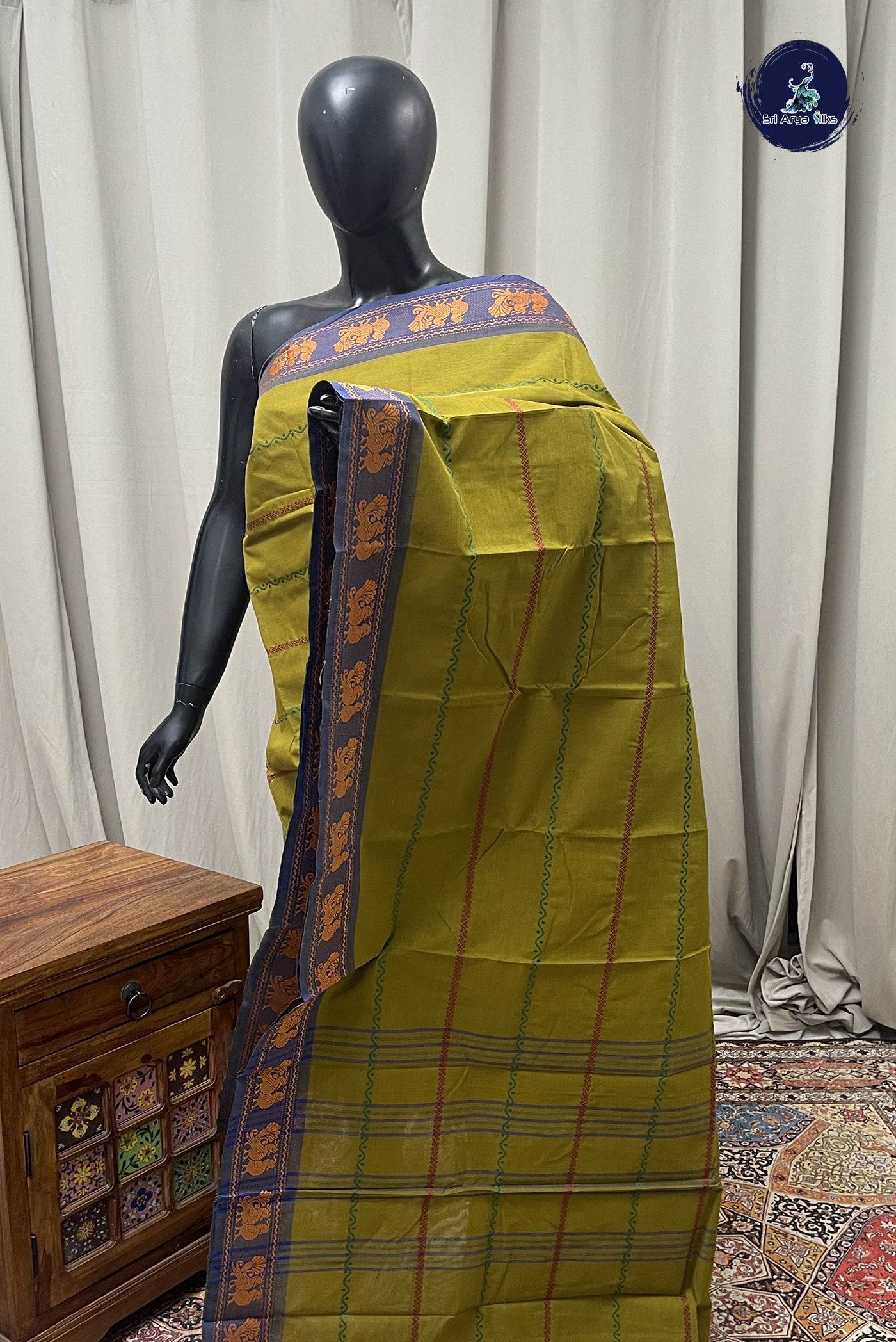 Green Cotton Saree With Stripes Pattern
