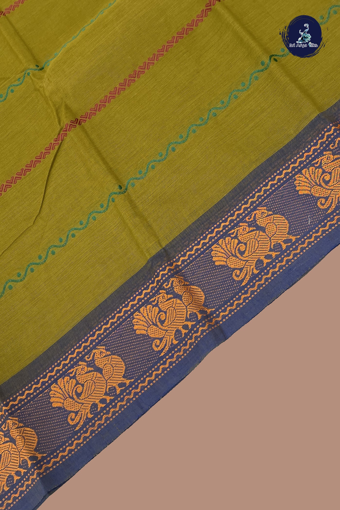 Green Cotton Saree With Stripes Pattern