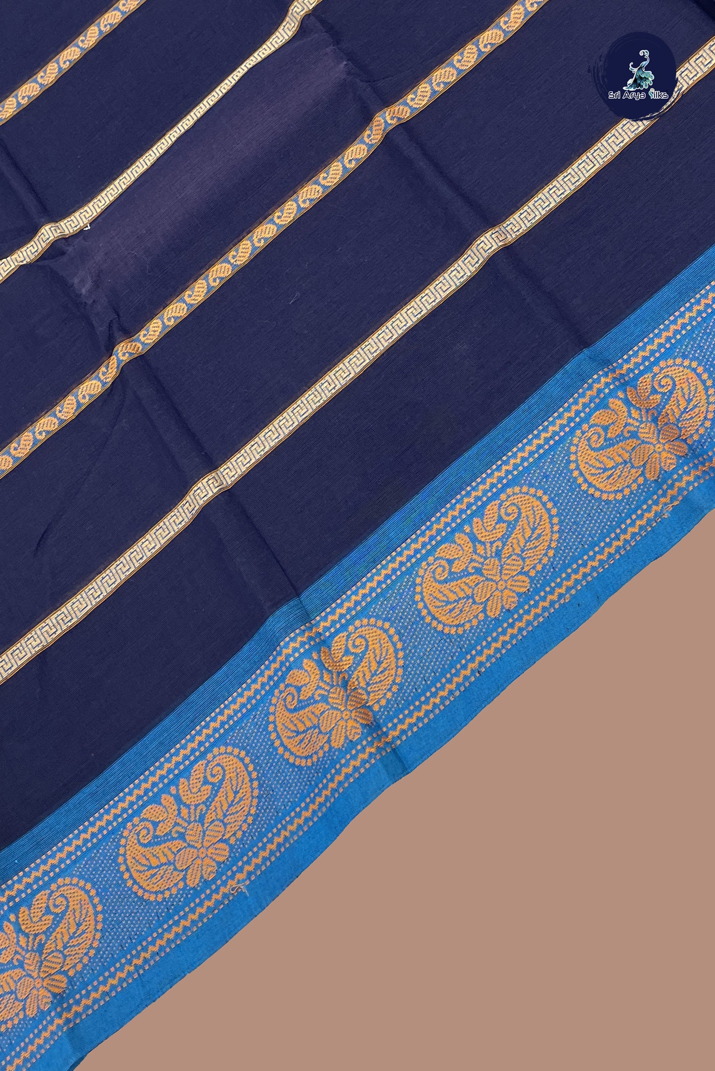 Navy Blue Cotton Saree With Stripes Pattern