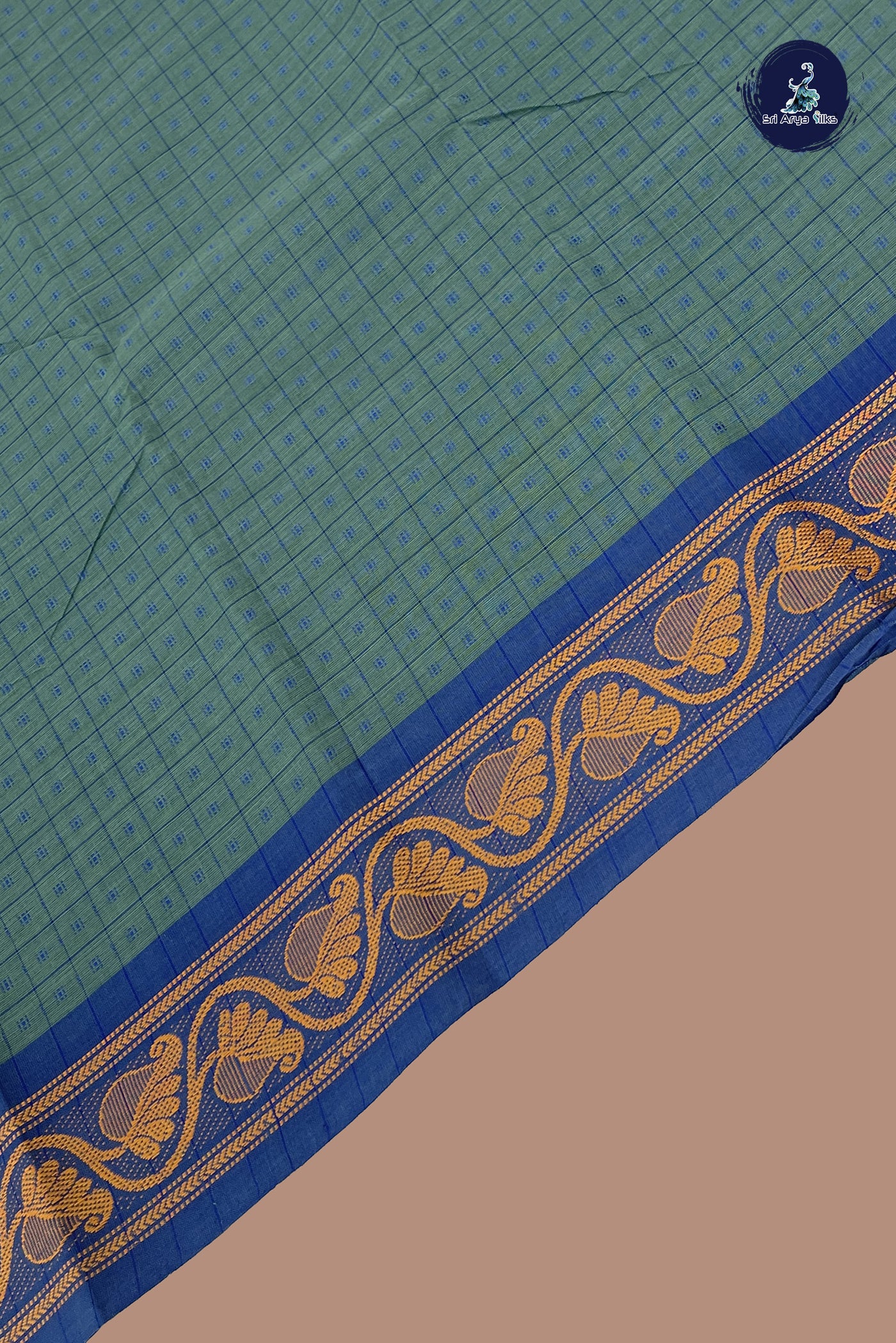 Greenish Grey Cotton Saree With Checked Pattern