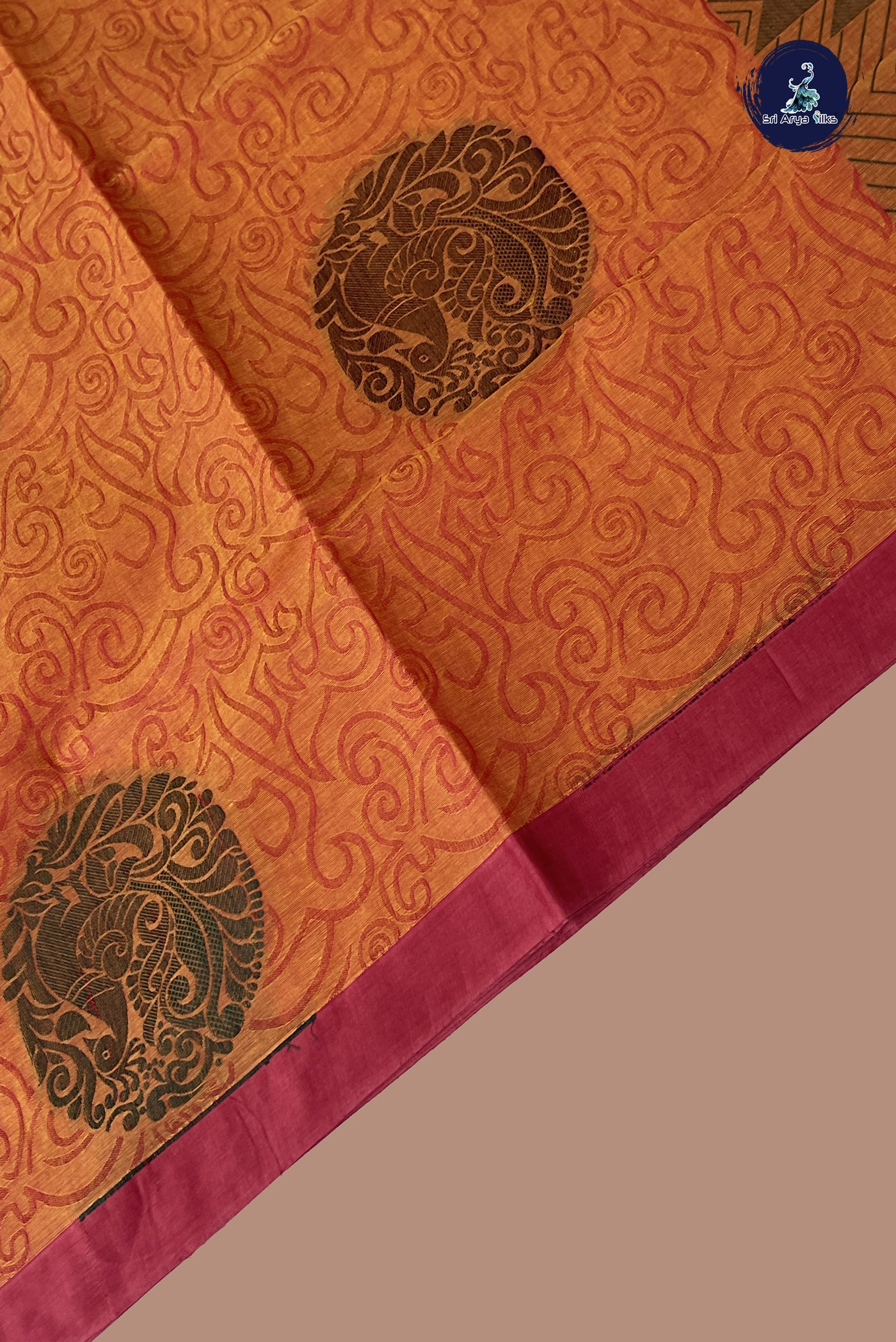 Orange Cotton Saree With Embossed Pattern