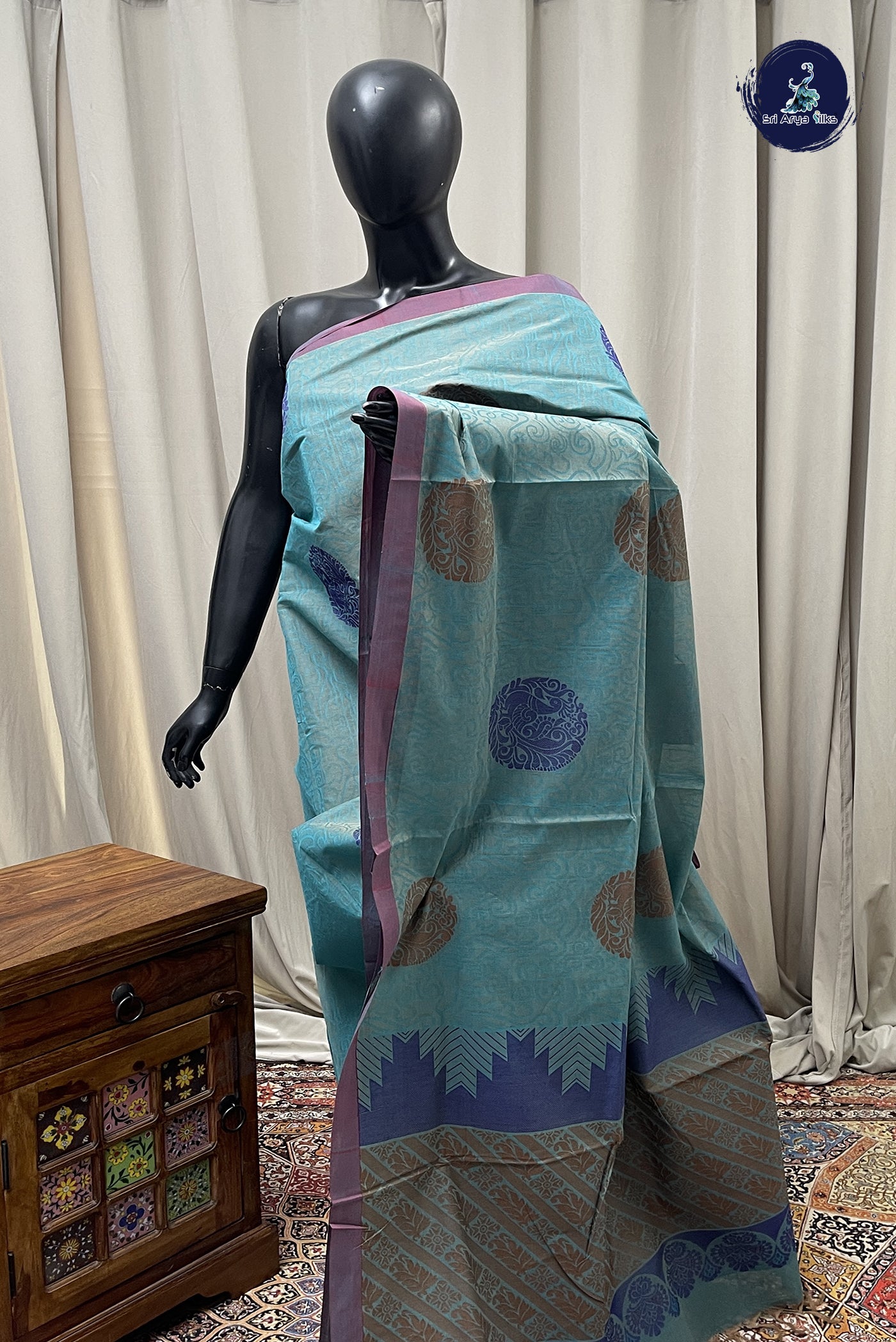 Blue Cotton Saree With Embossed Pattern