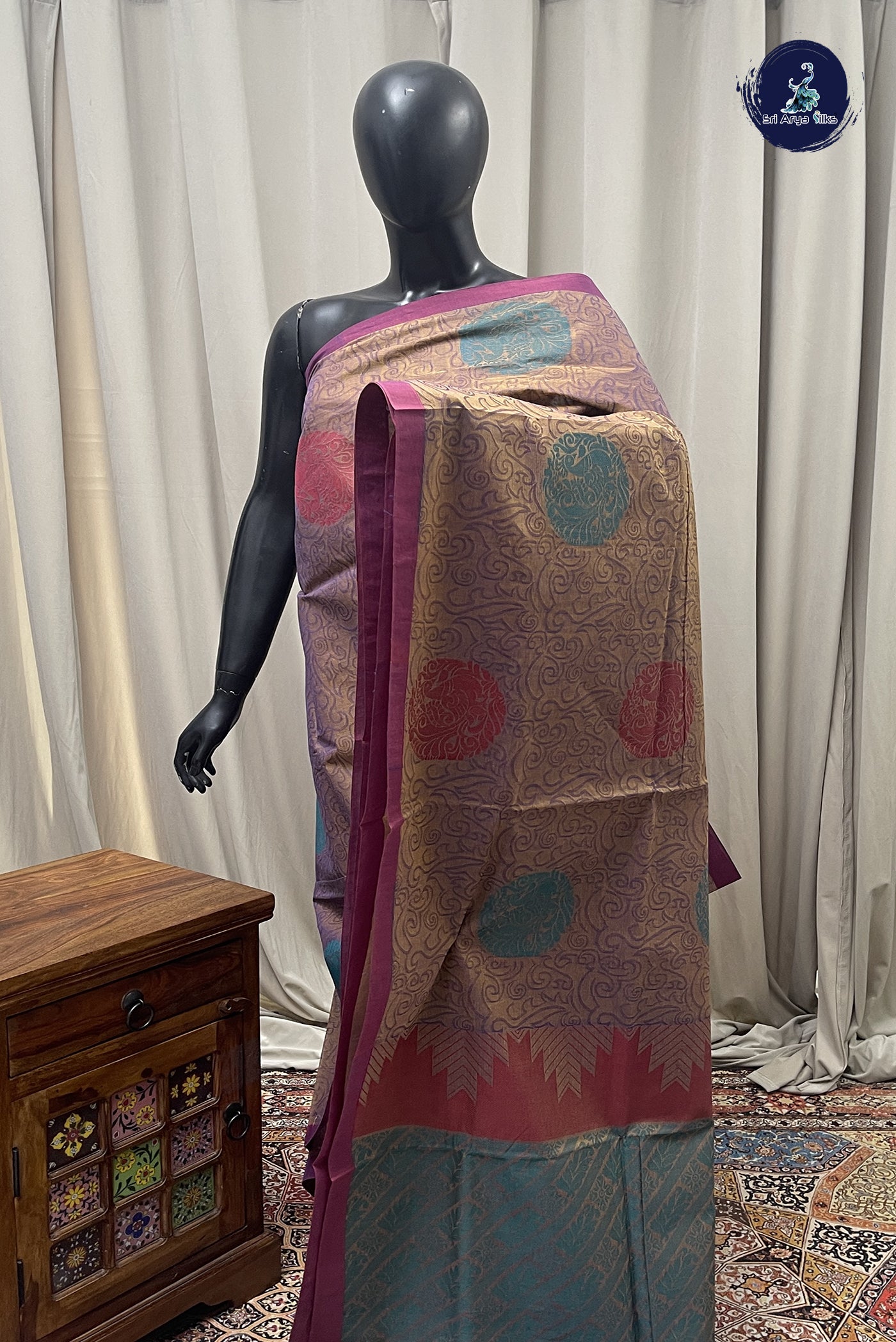Mustard Cotton Saree With Embossed Pattern