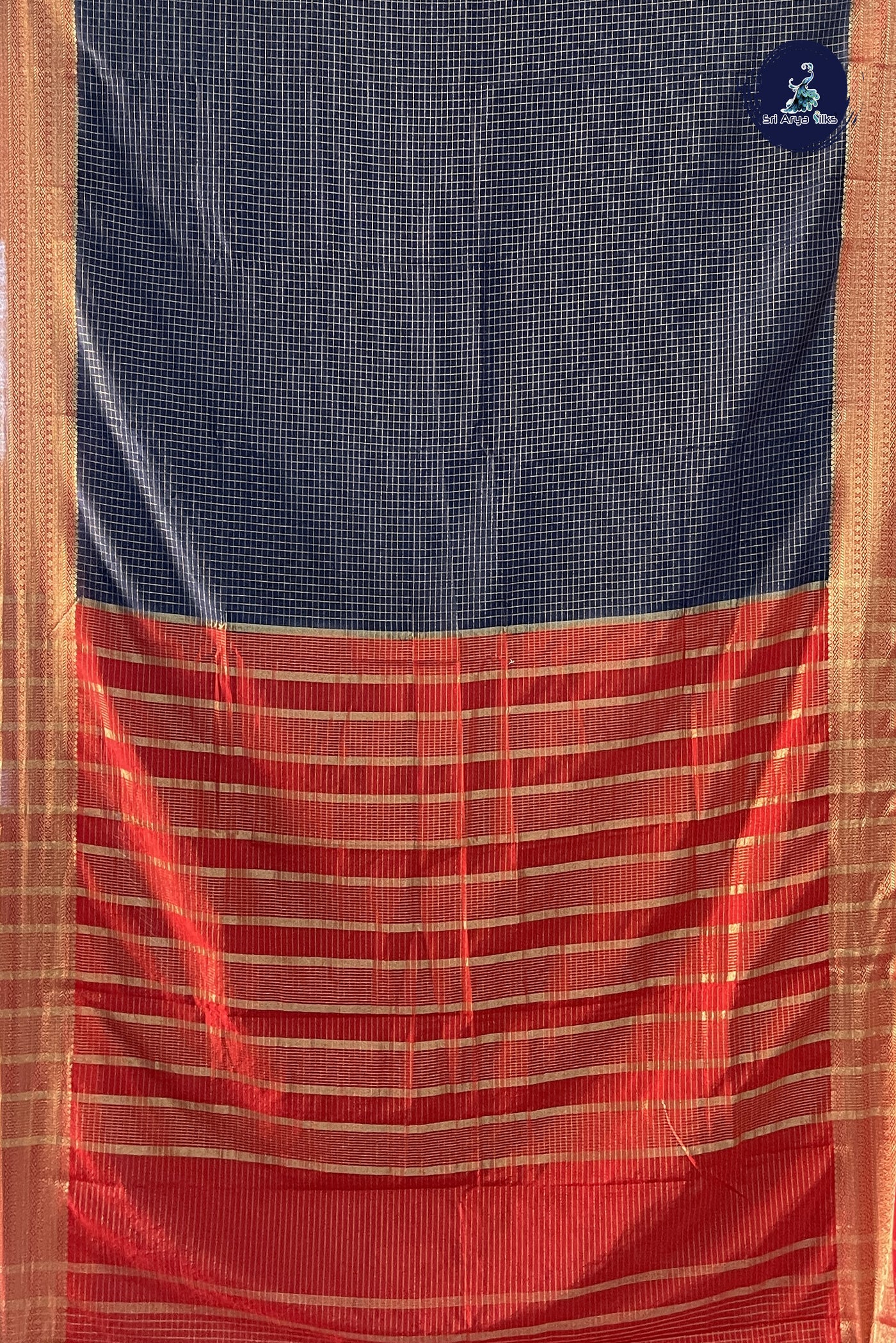 Navy Blue Semi Banarasi Saree With Zari Checked Pattern