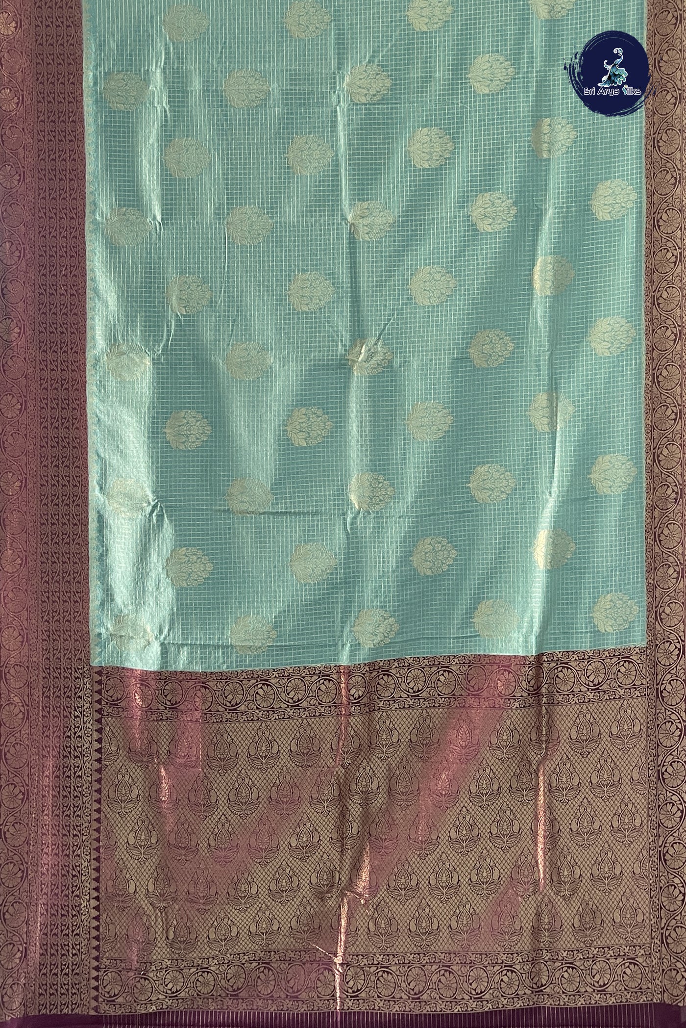 Pastel Green Semi Banarasi Saree With Zari Checked Pattern