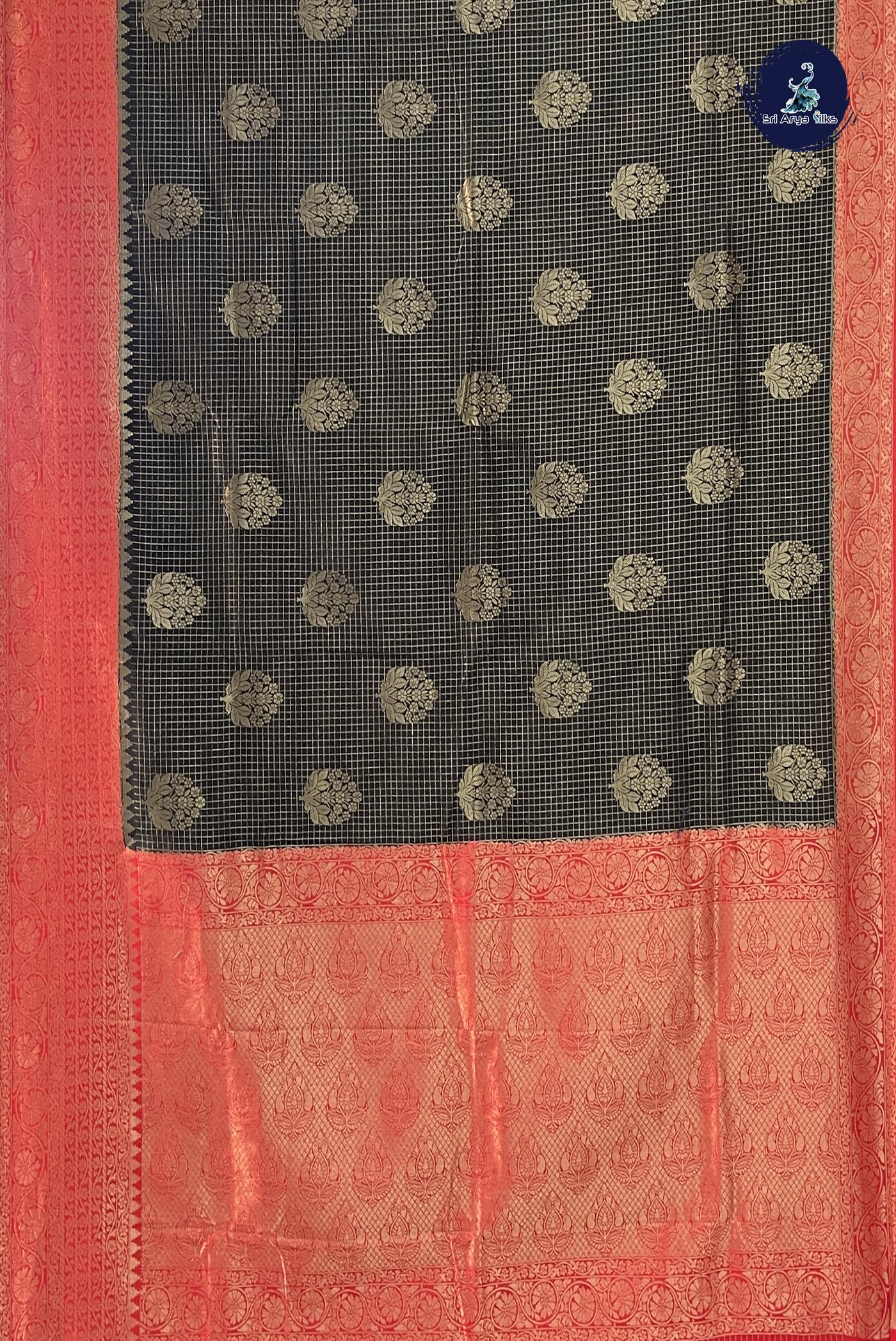 Black Semi Banarasi Saree With Zari Checked Pattern