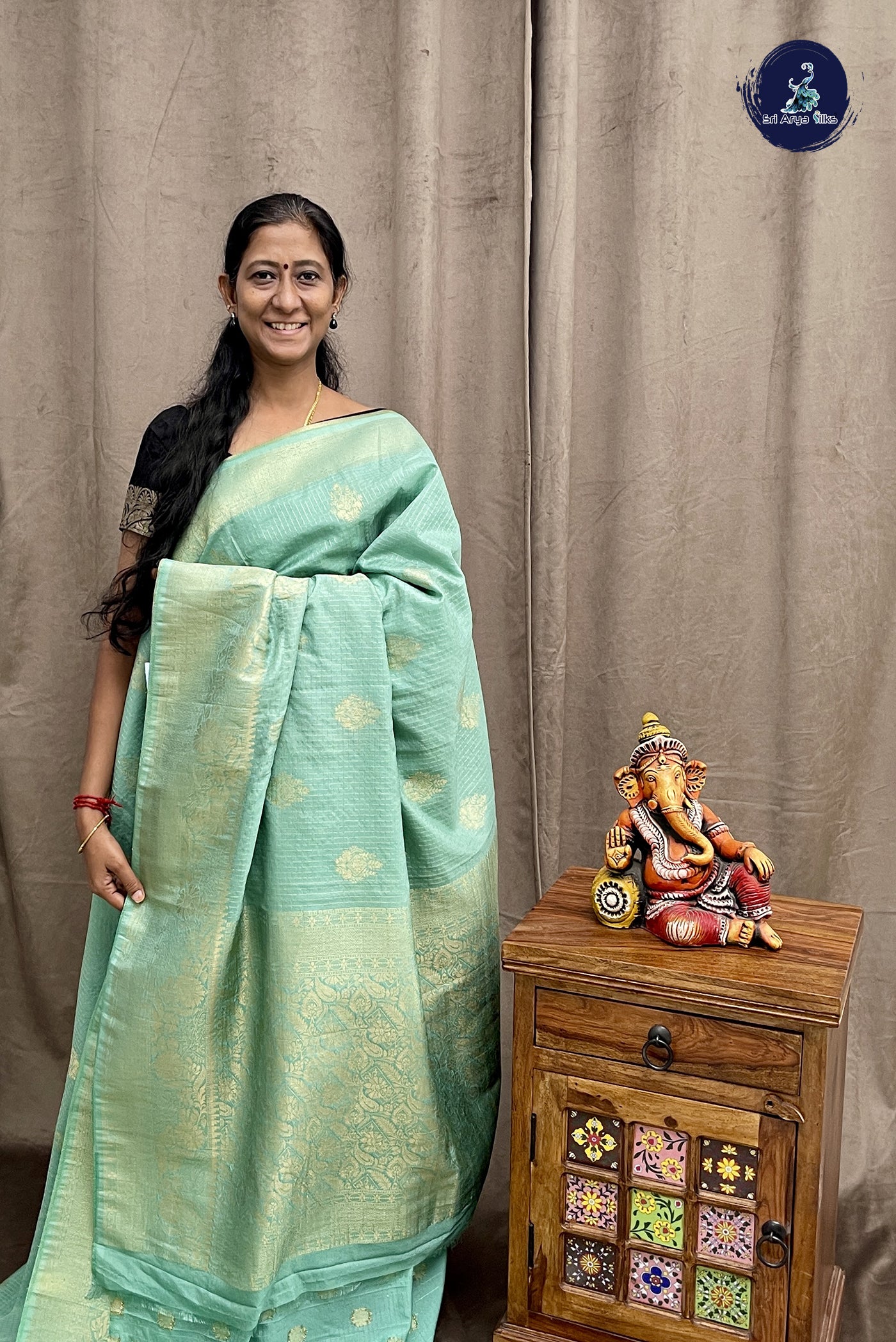 Semi Banarasi Pastel Green Saree with Zari Checked Pattern