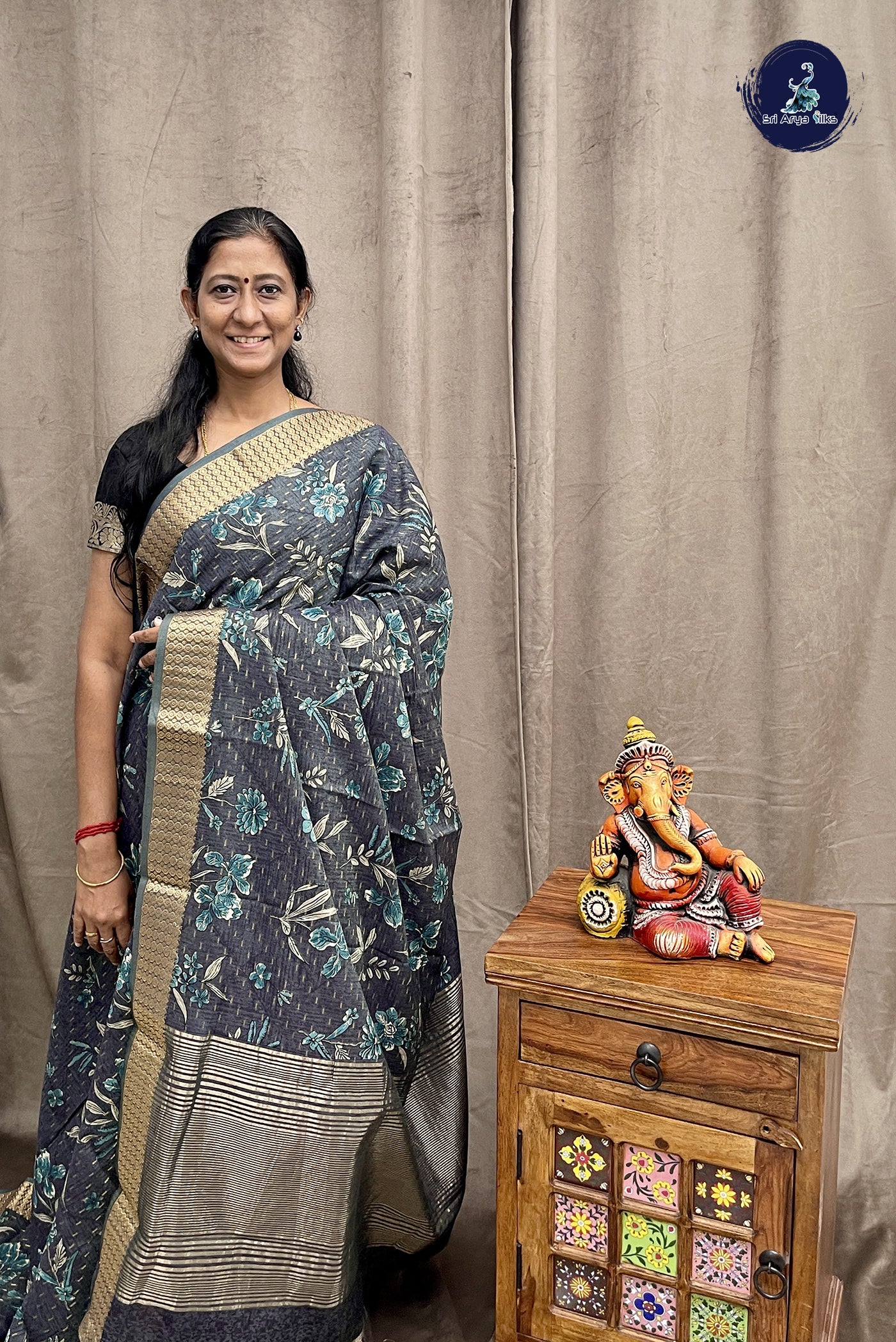 Bluish Grey Chanderi saree with Printed pattern