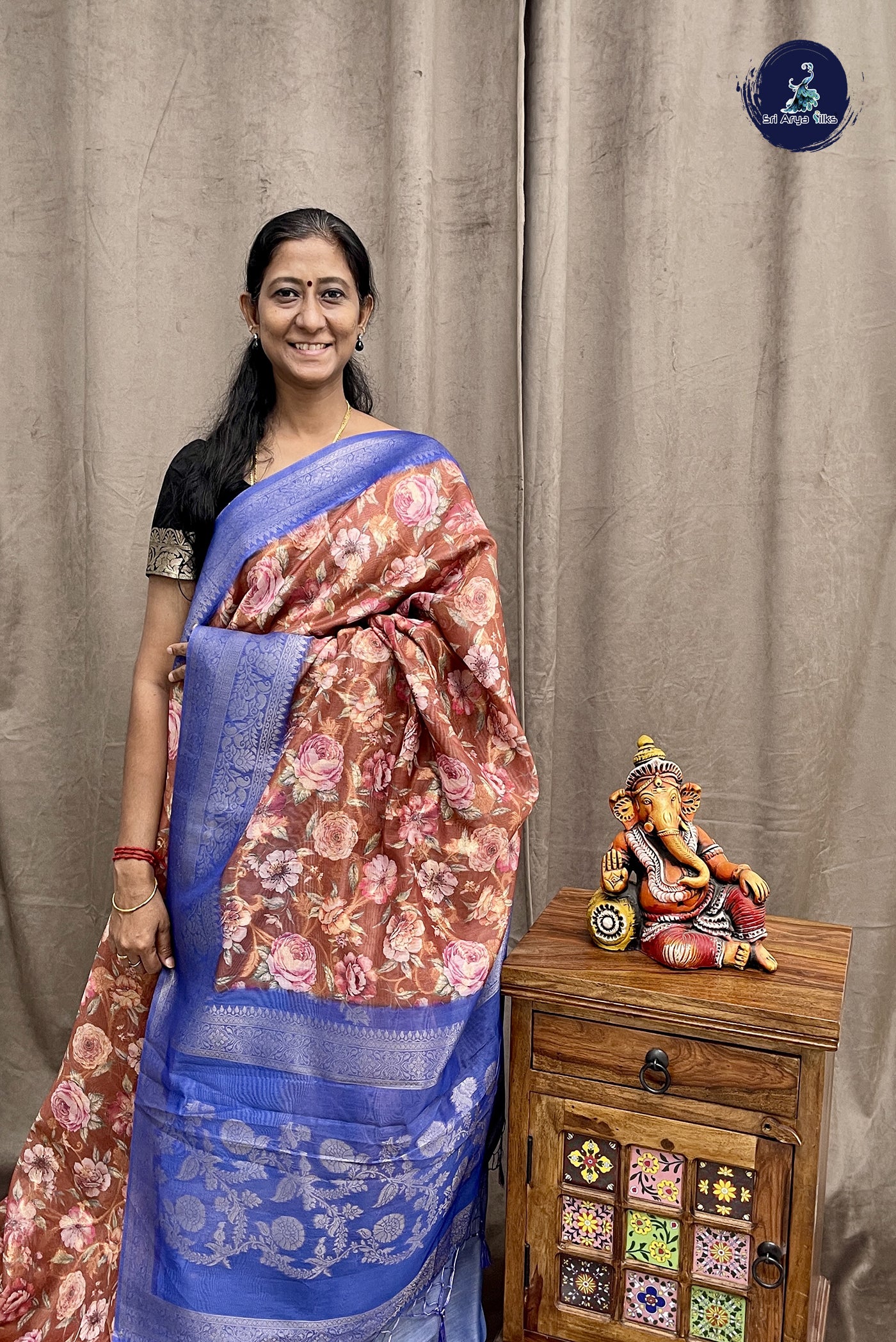 Brown Semi Banarasi Saree With Floral Print