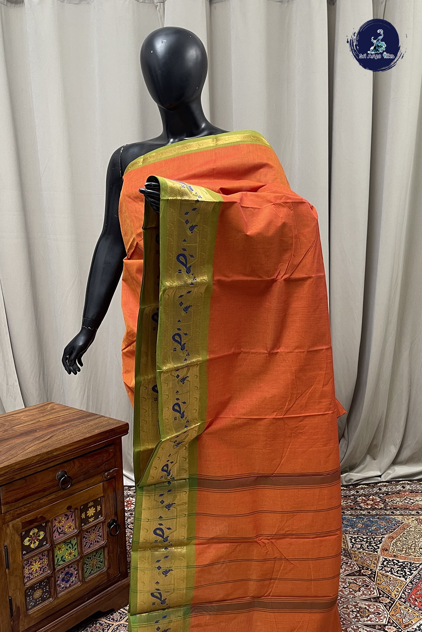 Orange Cotton Saree With plain Pattern