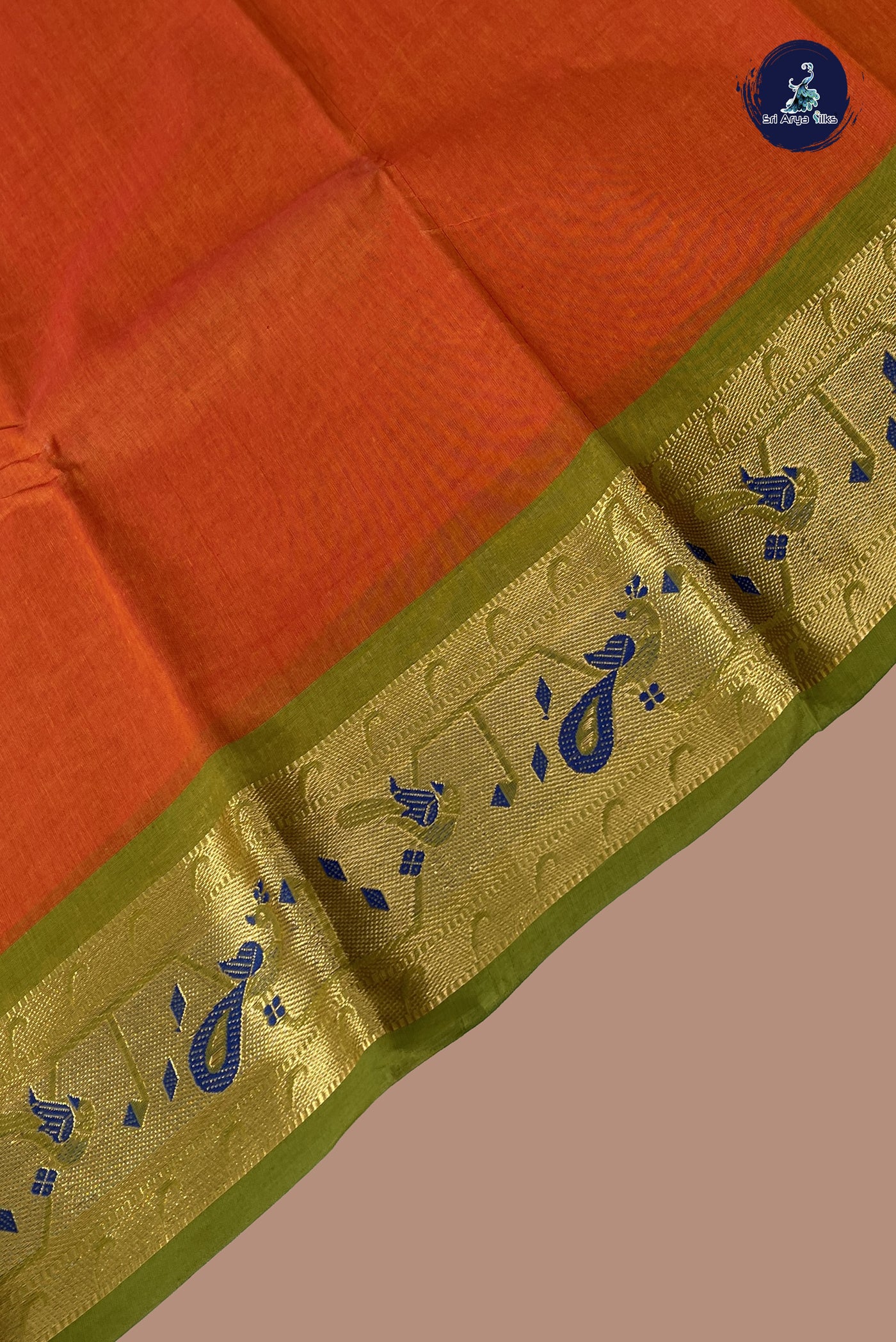 Orange Cotton Saree With plain Pattern