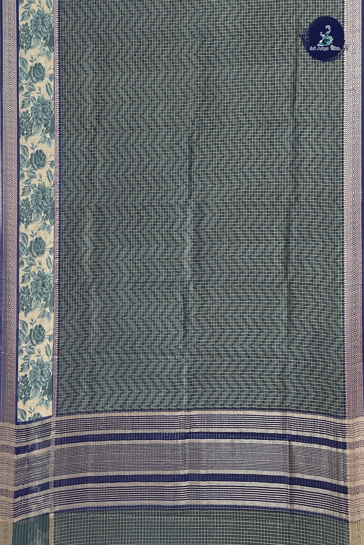 Bluish Grey Chanderi Silk Cotton Saree With Zari Checked Pattern