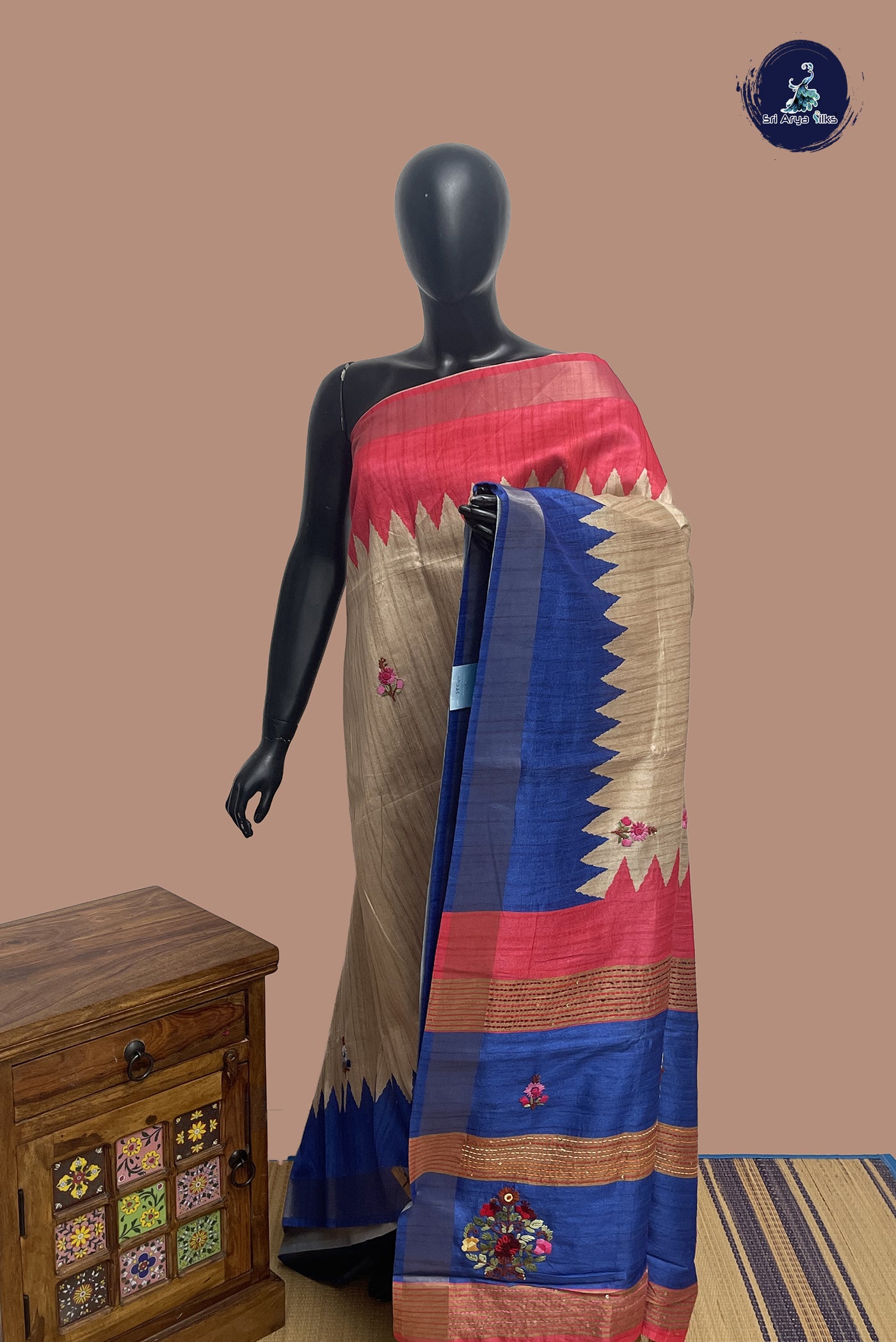 Chikku Shade Tussar Saree With Embroidery Pattern