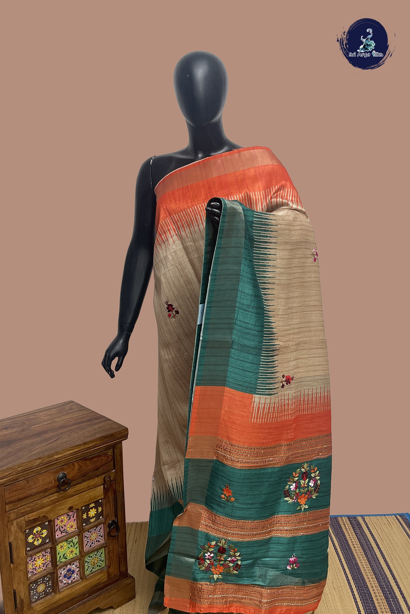 Chikku Shade Tussar Saree With Embroidery Pattern