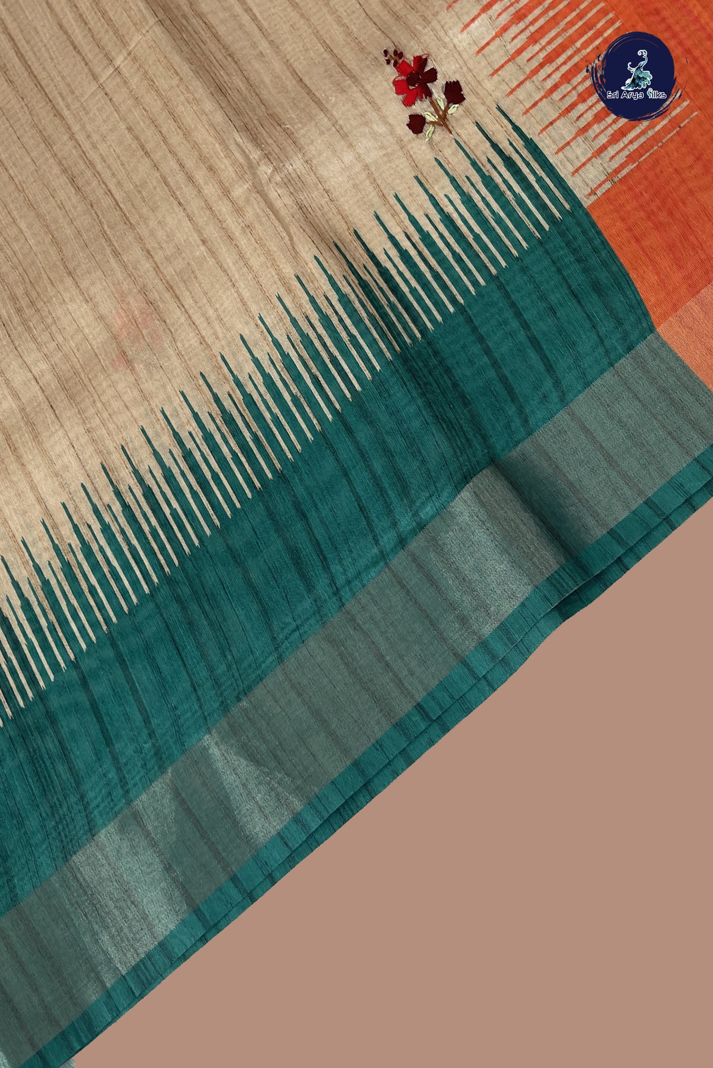 Chikku Shade Tussar Saree With Embroidery Pattern