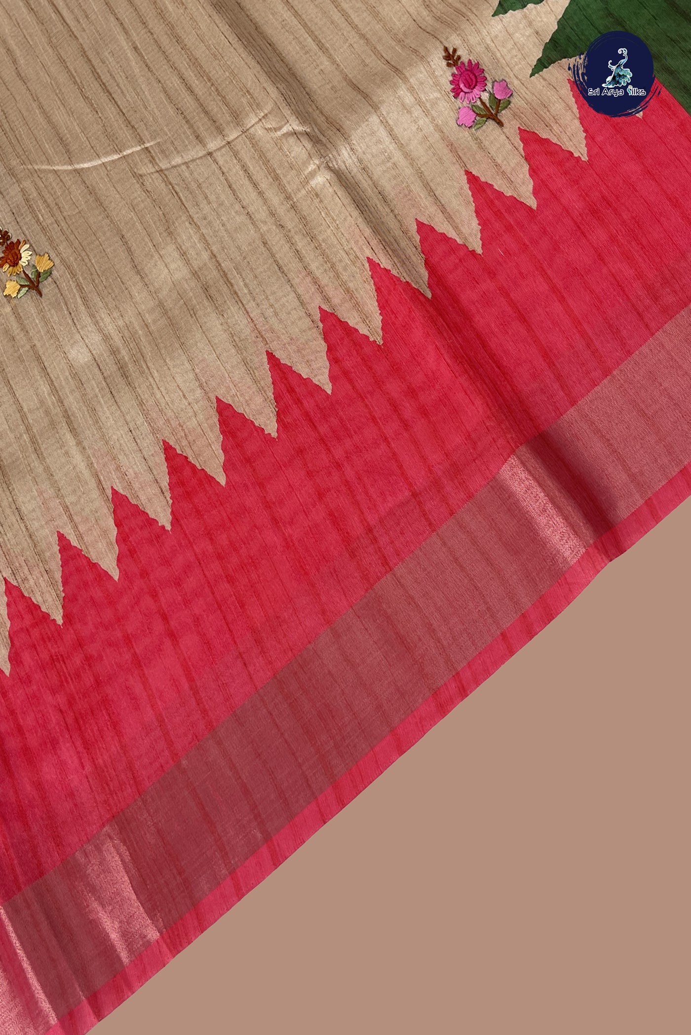 Chikku Shade Tussar Saree With Embroidery Pattern