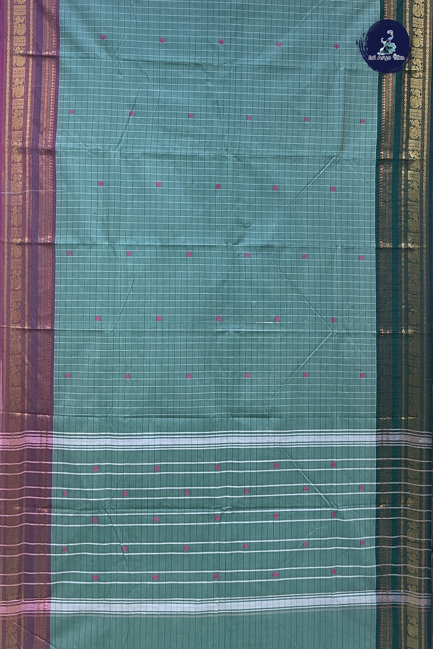 Sapphire Green Chettinad Cotton Saree With Checked Pattern