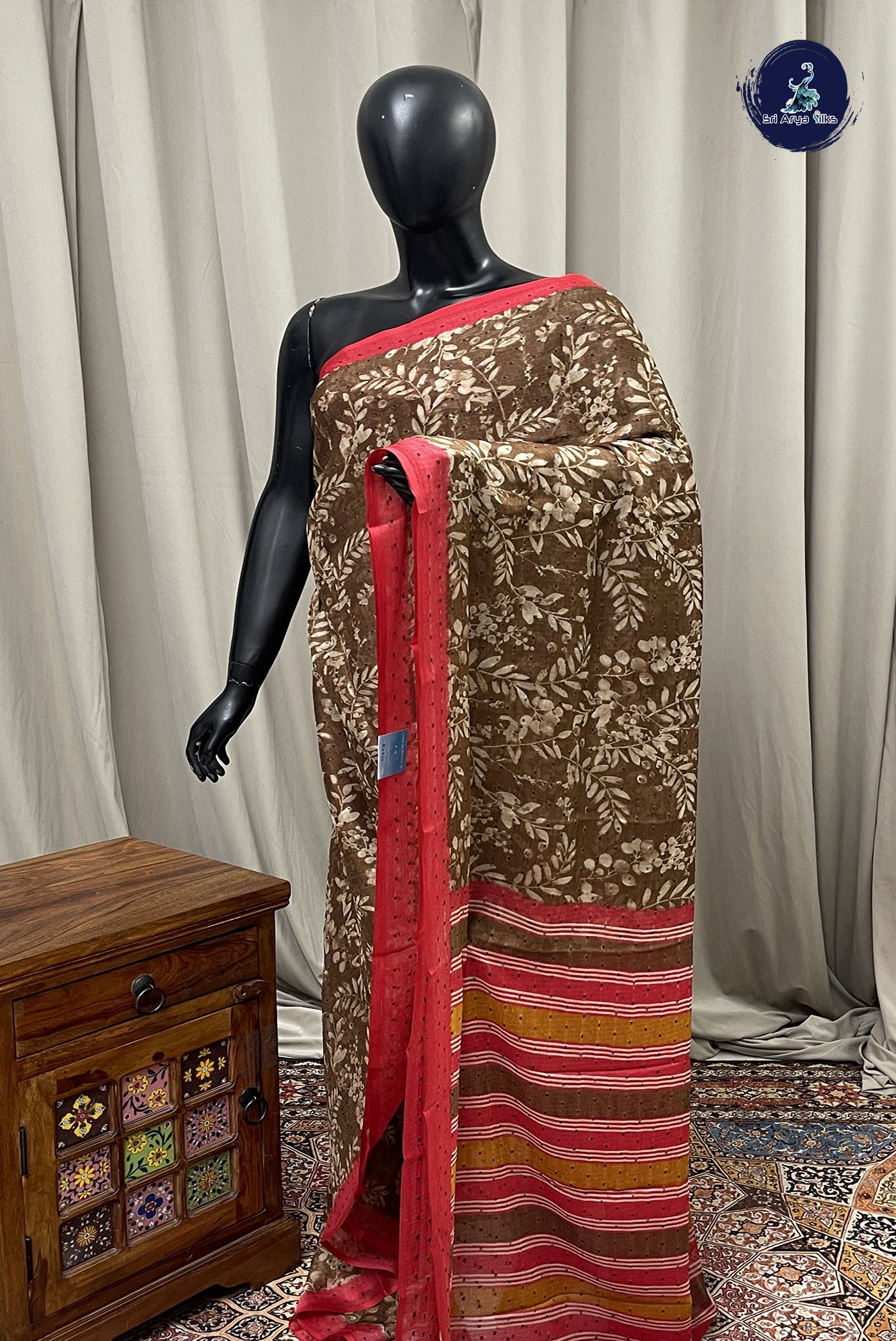 Brown Chiffon Saree With Printed Pattern