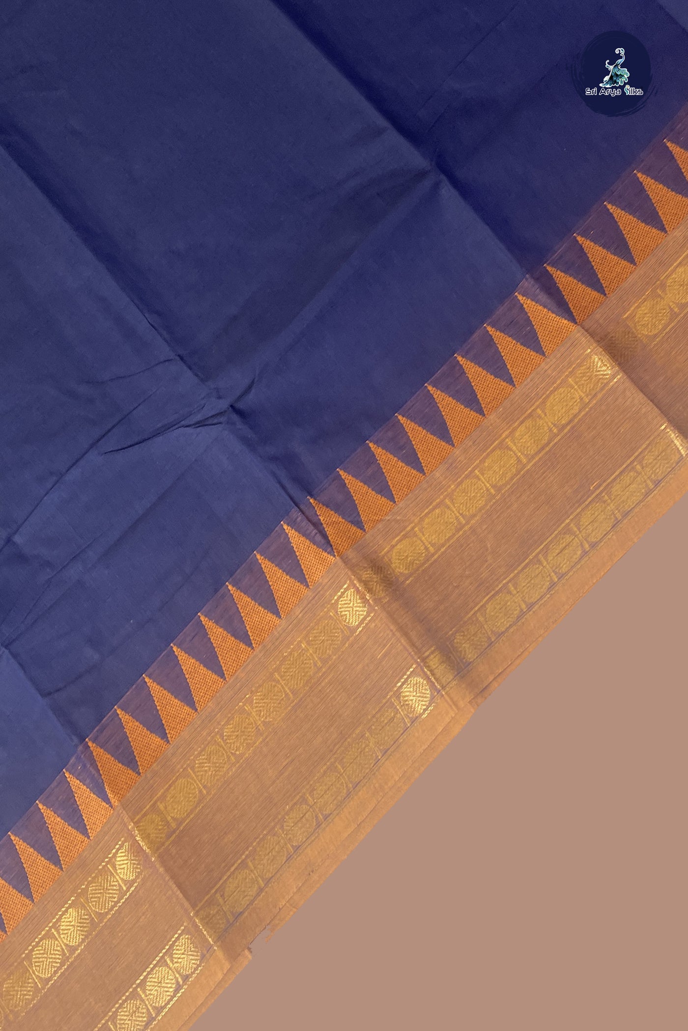 Navy Blue Chettinad Cotton Saree With Plain Pattern