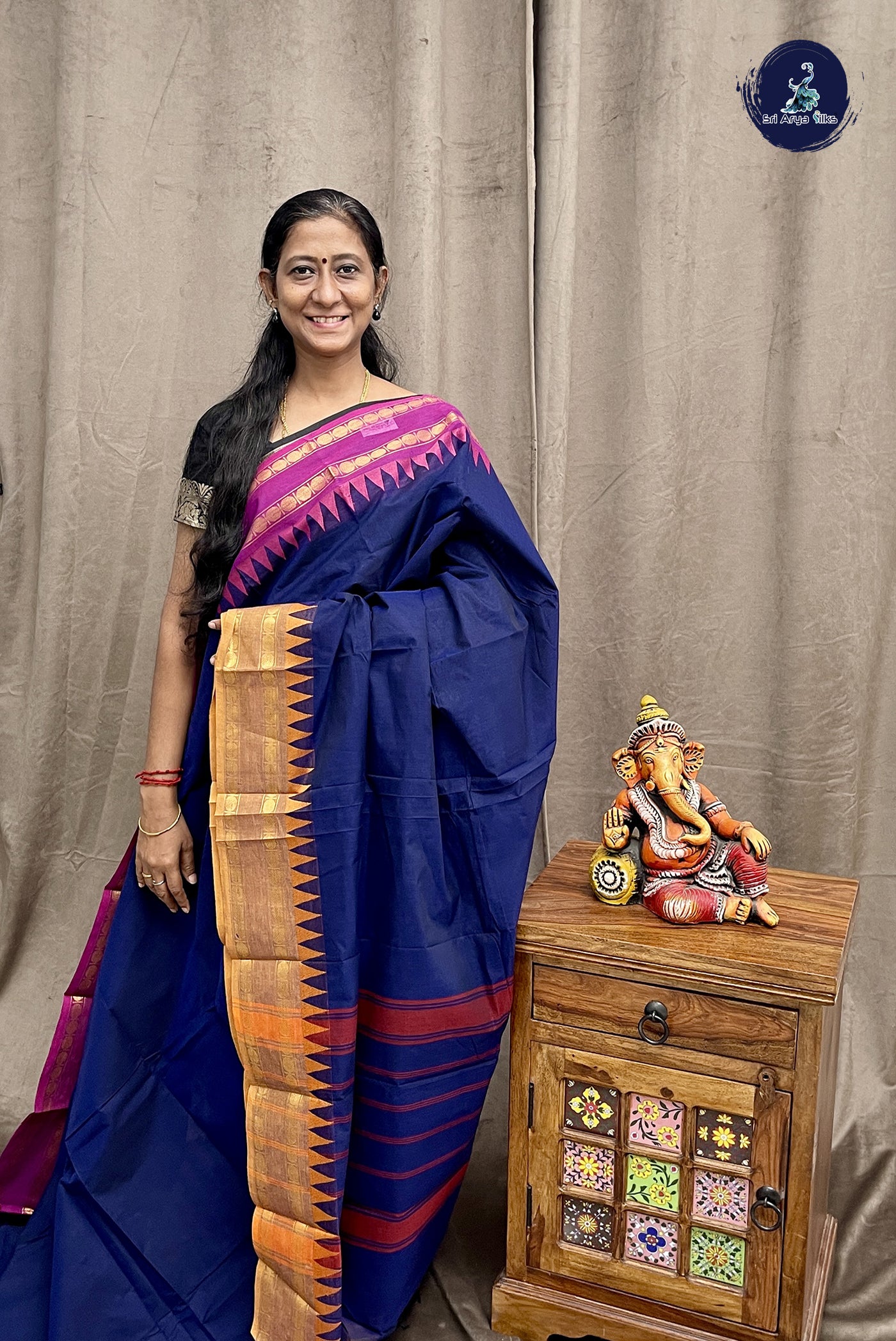 Navy Blue Chettinad Cotton Saree With Plain Pattern