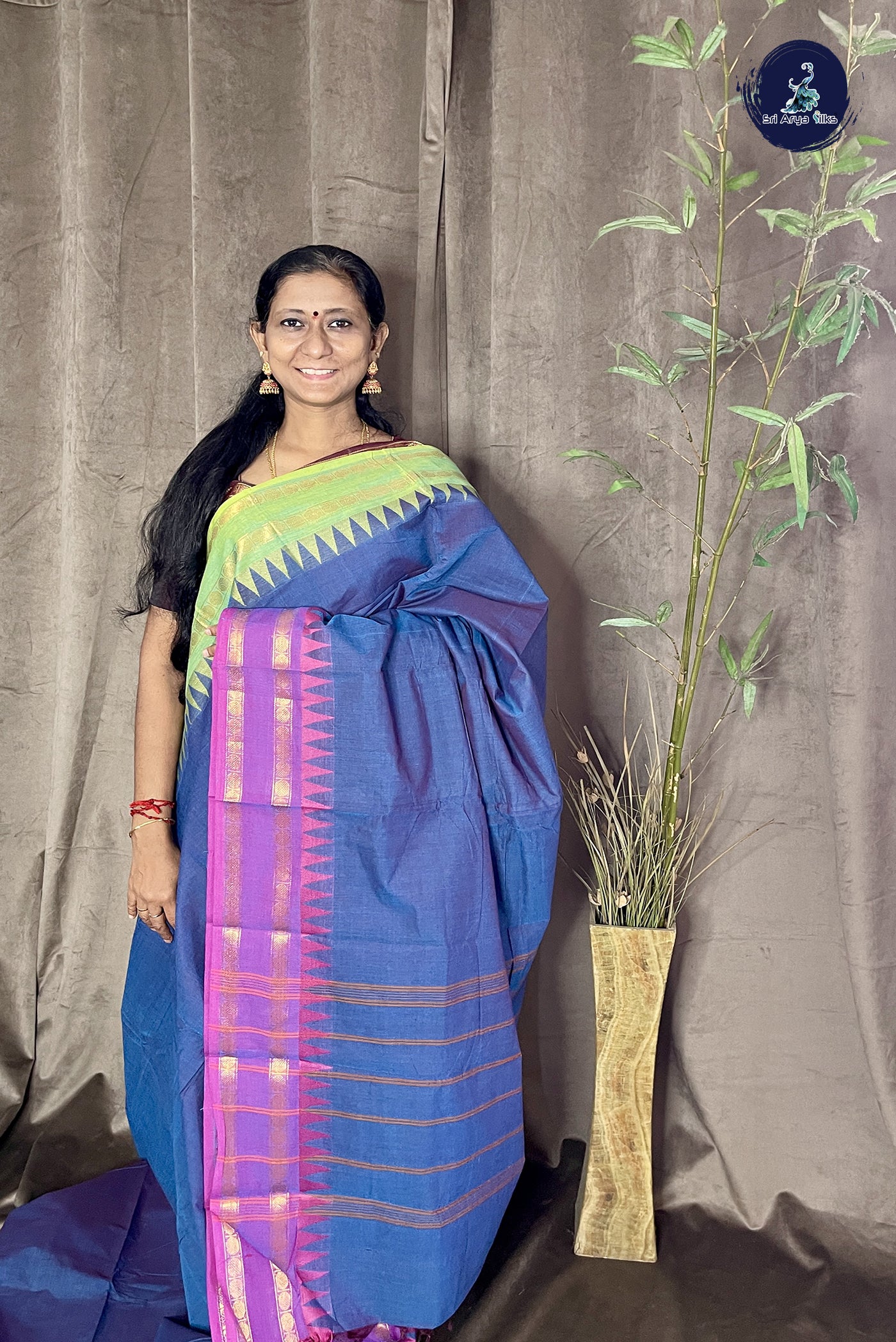Dual Tone Blue Chettinad Cotton Saree With Plain Pattern