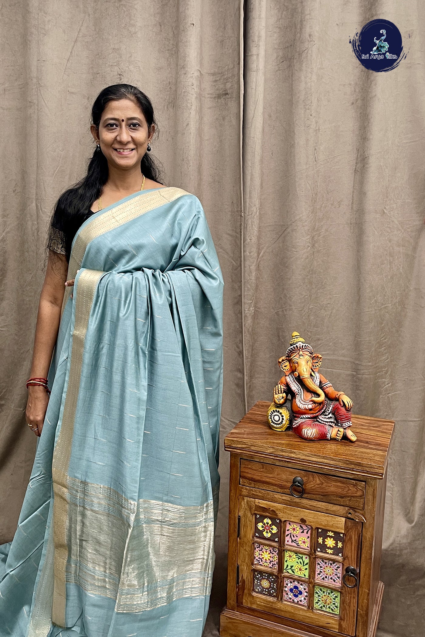 Bluish Grey Semi Tussar Saree With Zari Buttas Pattern