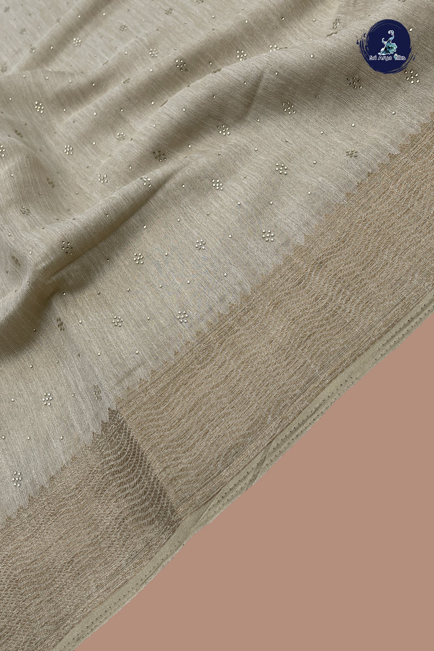 Beige Linen Saree With Stone Work Pattern