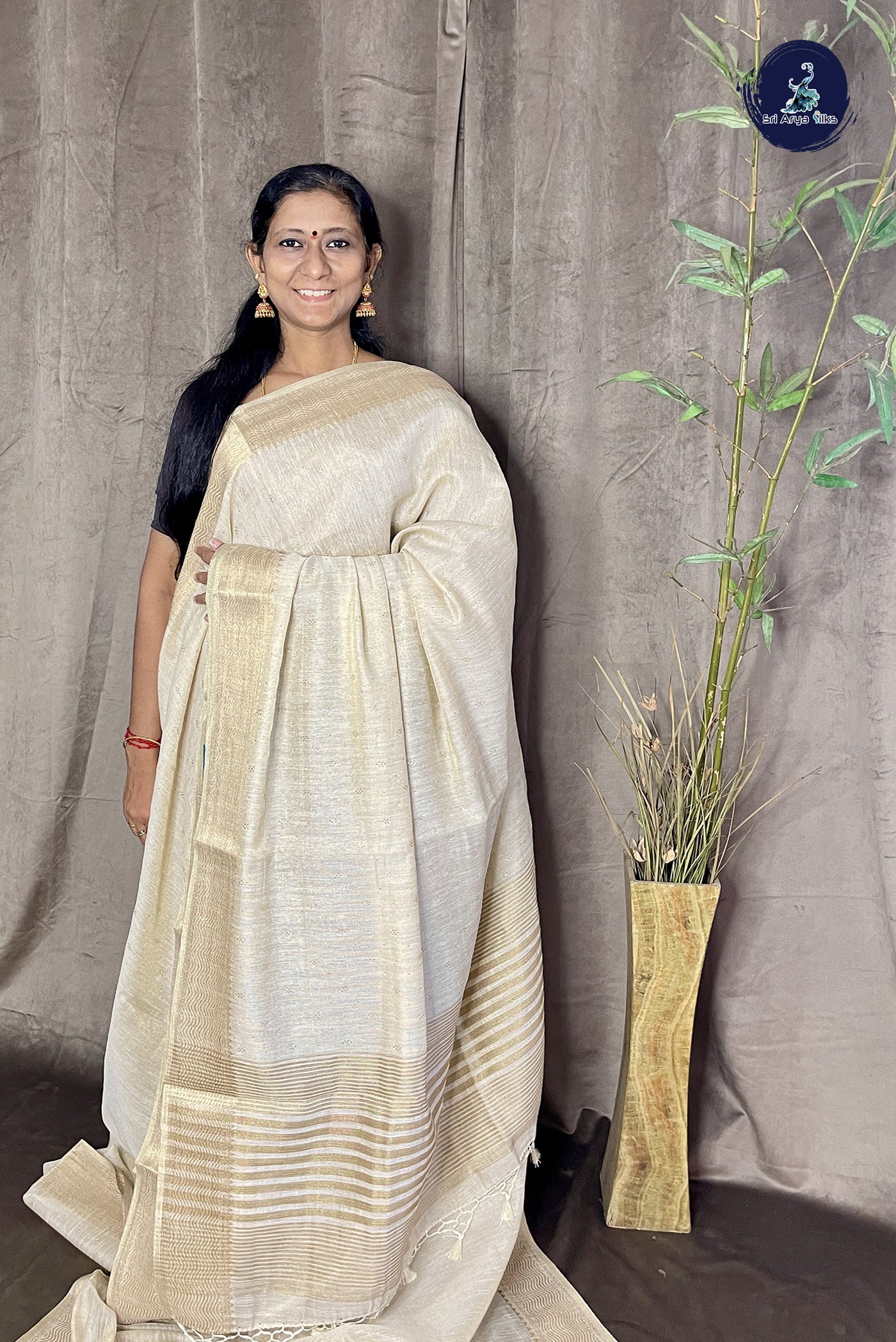 Beige Linen Saree With Stone Work Pattern