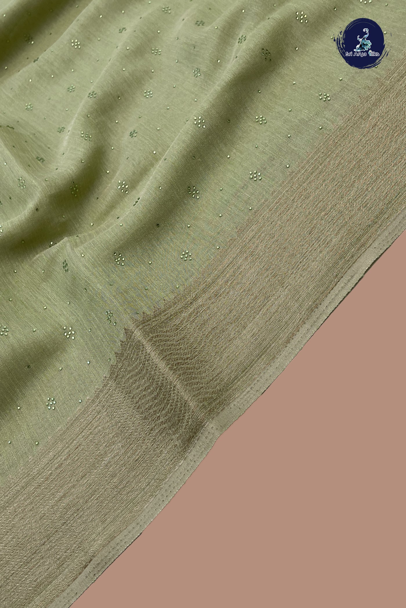 Pista Green Linen Saree With Stone Work Pattern