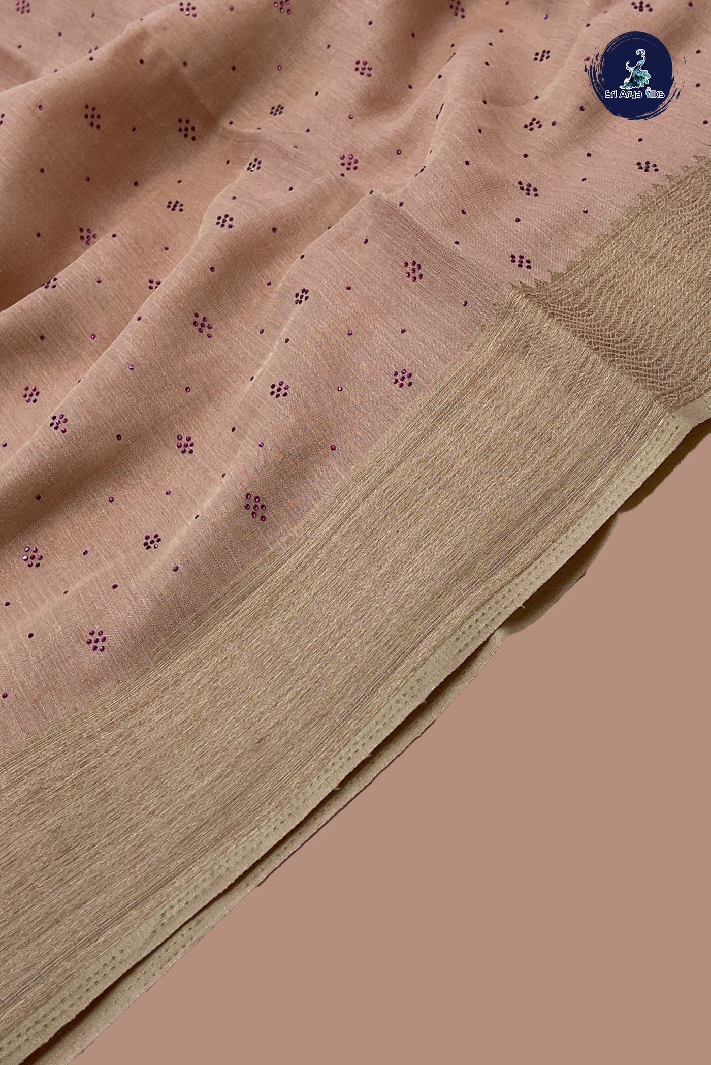 Peach Linen Saree With Stone Work Pattern