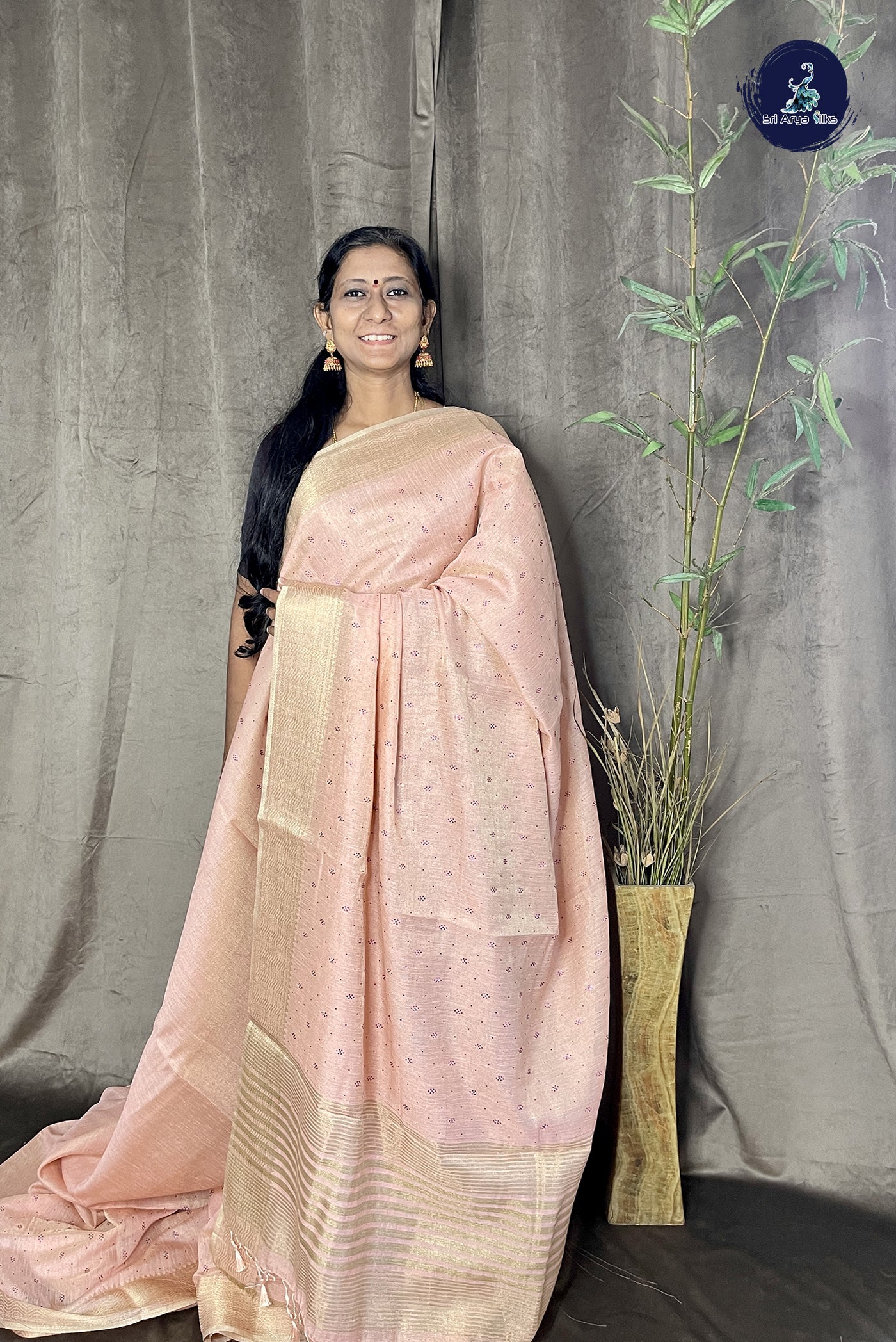 Peach Linen Saree With Stone Work Pattern