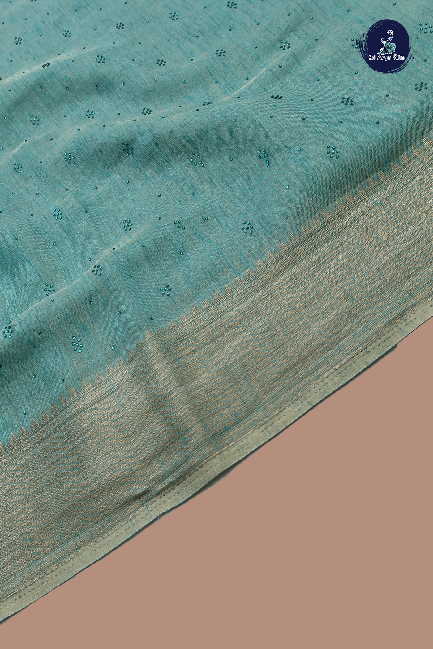 Turquoise Linen Saree With Stone Work Pattern