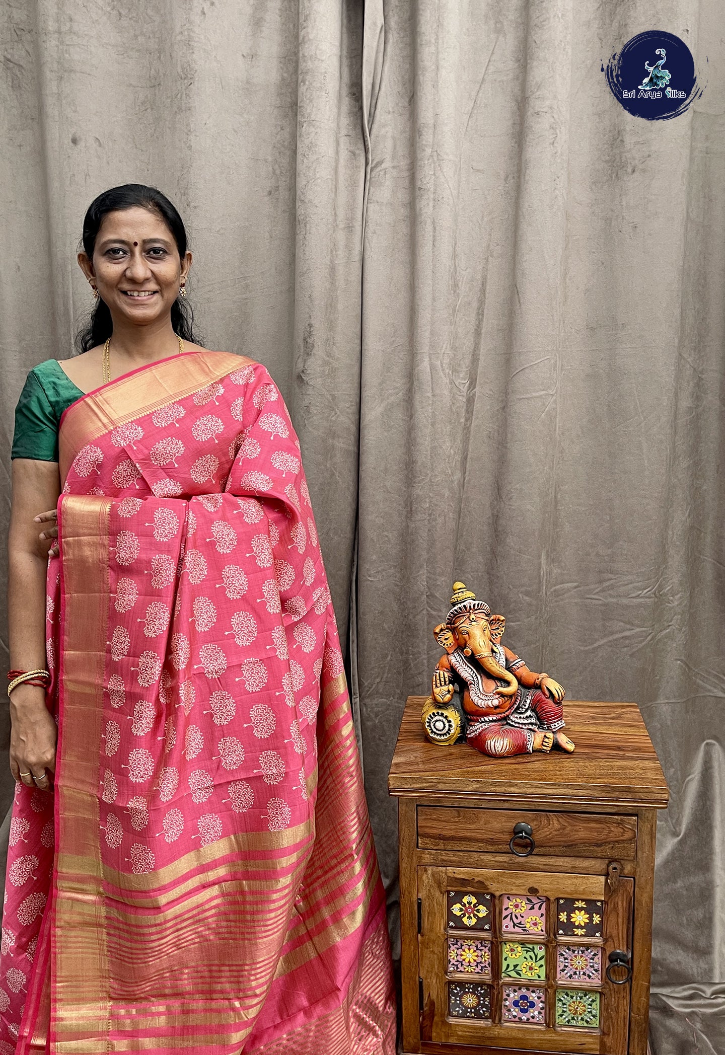 Pink Semi Tussar Saree With Printed Pattern