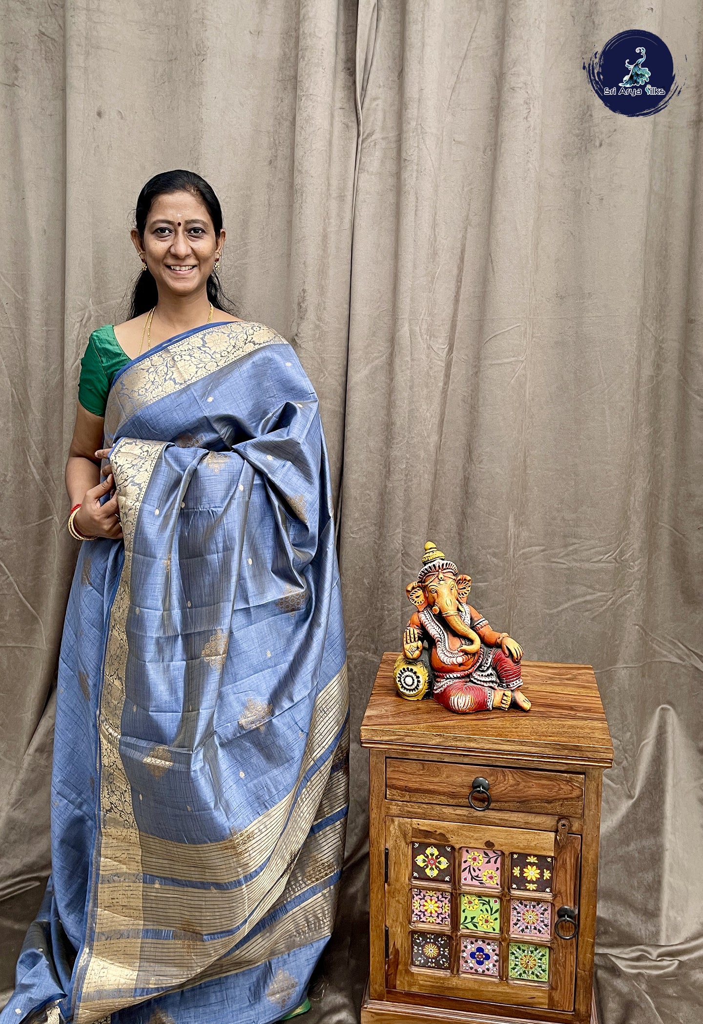 Greyish Blue Semi Tussar Saree With Buttas Pattern