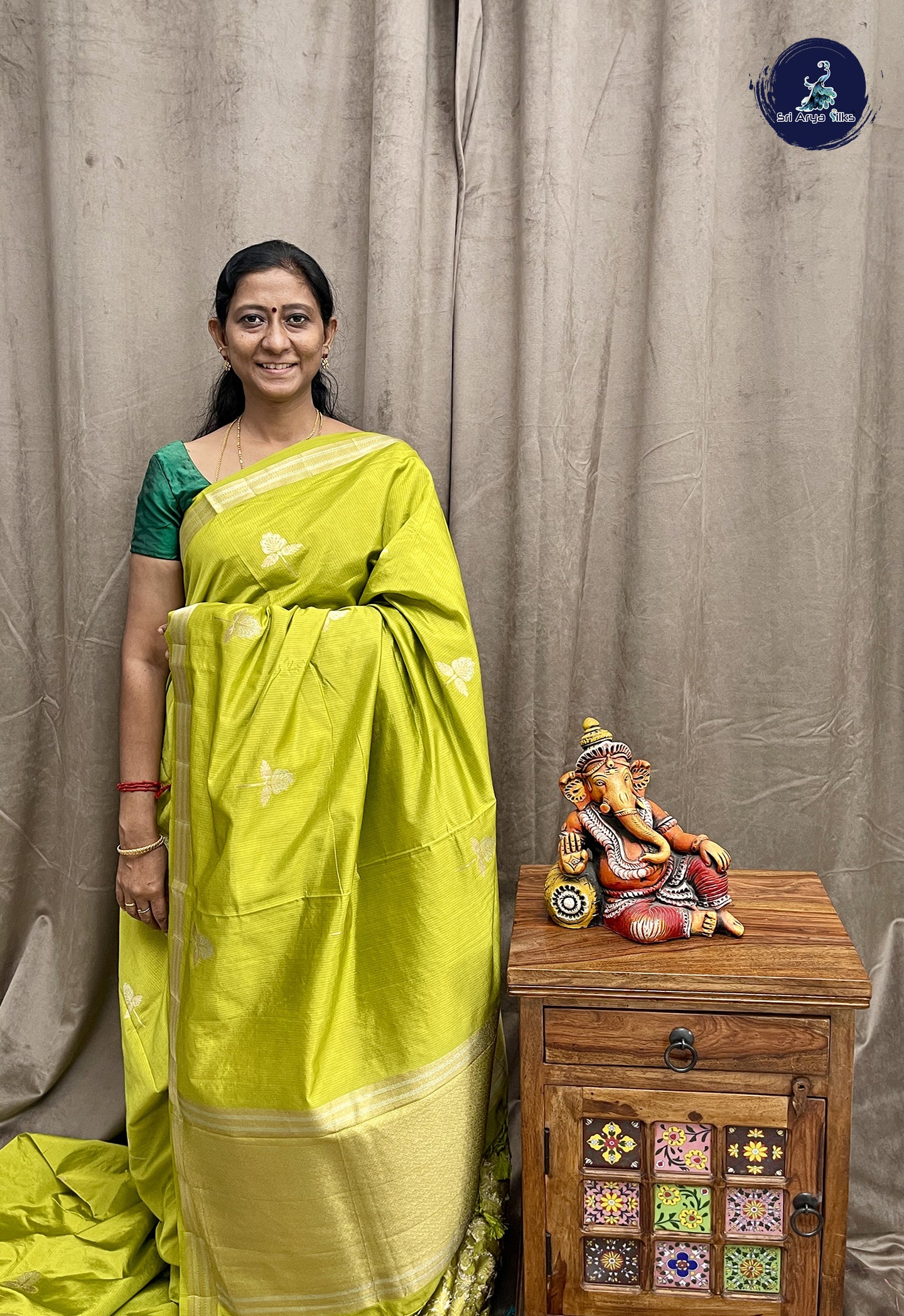 Lime Green Semi Tussar Saree With Zari Buttas Pattern