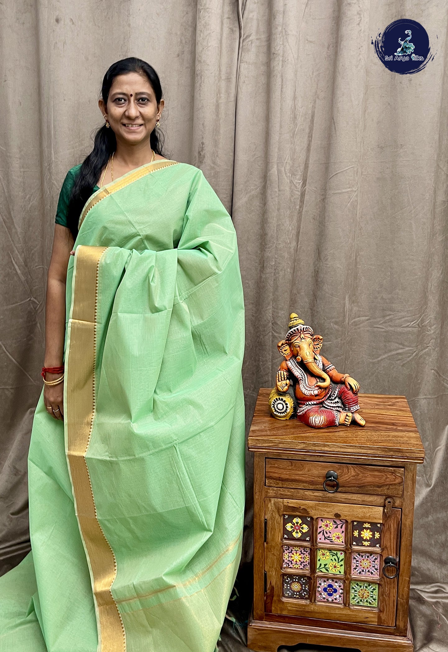 Pastel Green Mangalgiri Cotton Saree With Doria Lines Pattern