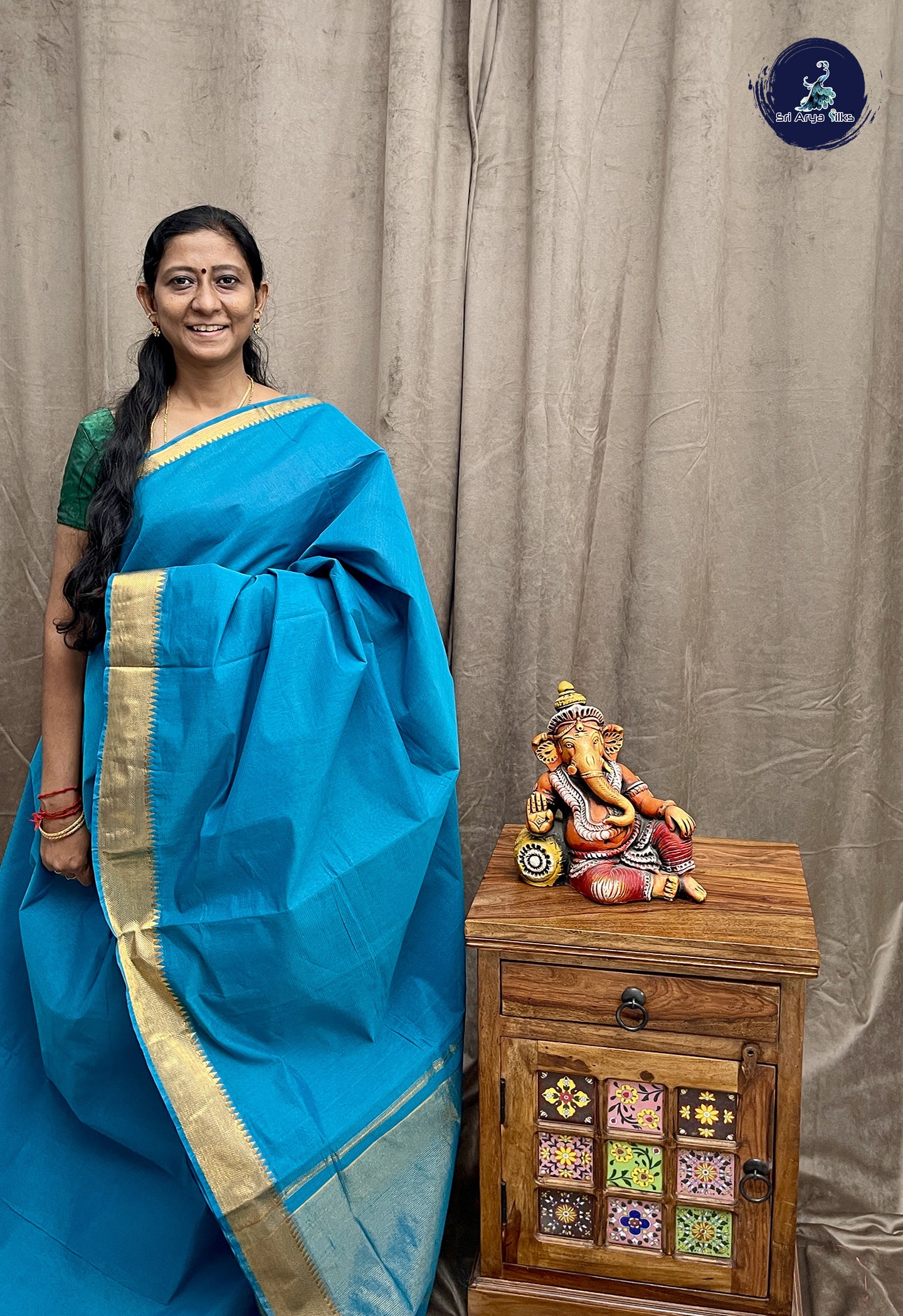 Blue Mangalgiri Cotton Saree With Doria Lines Pattern