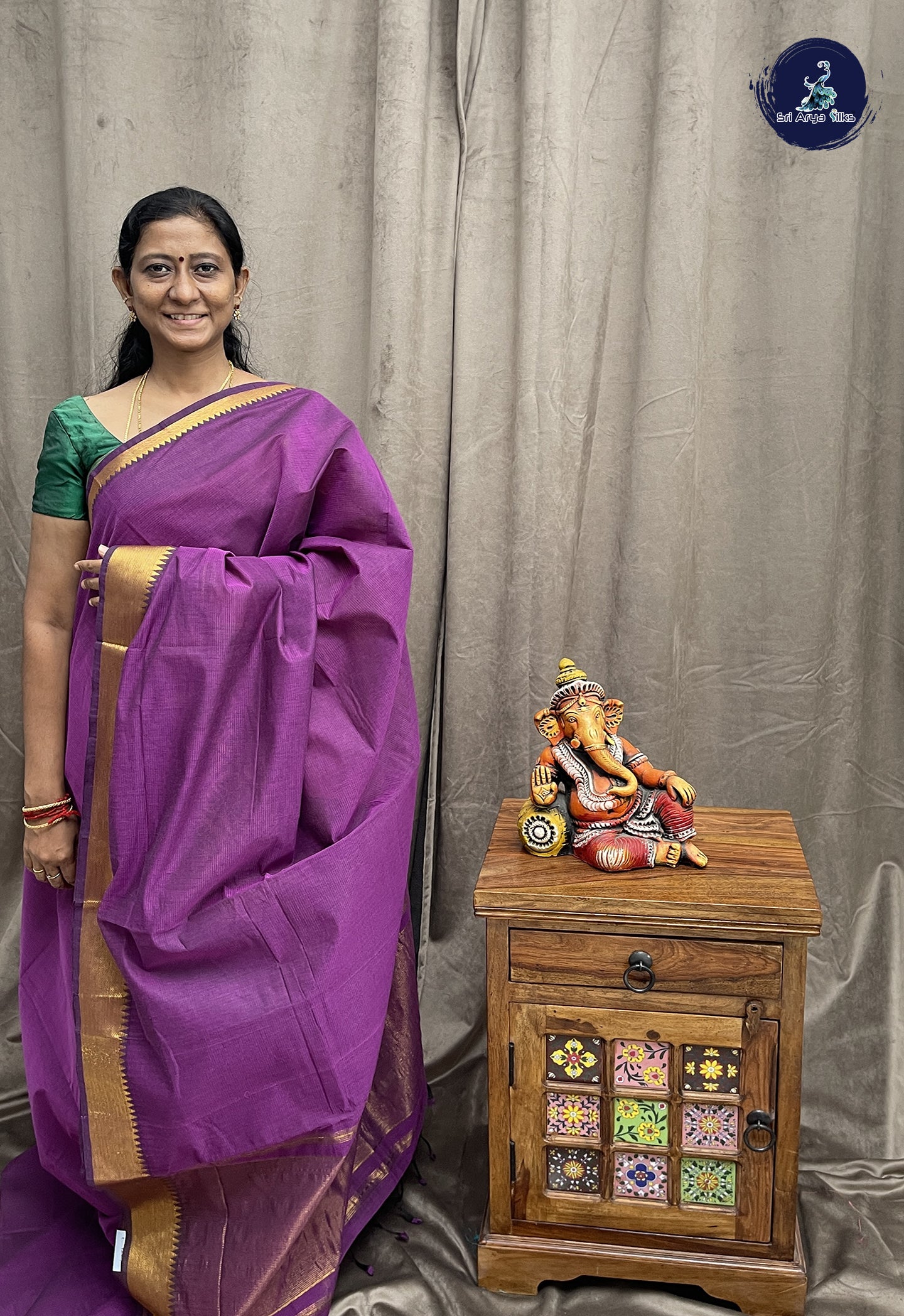 Dark Brinjal Mangalgiri Cotton Saree With Doria Lines Pattern