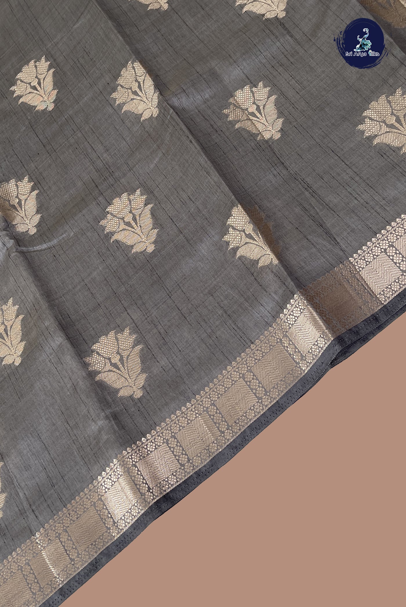 Grey Semi Tussar Saree With Zari Buttas Pattern