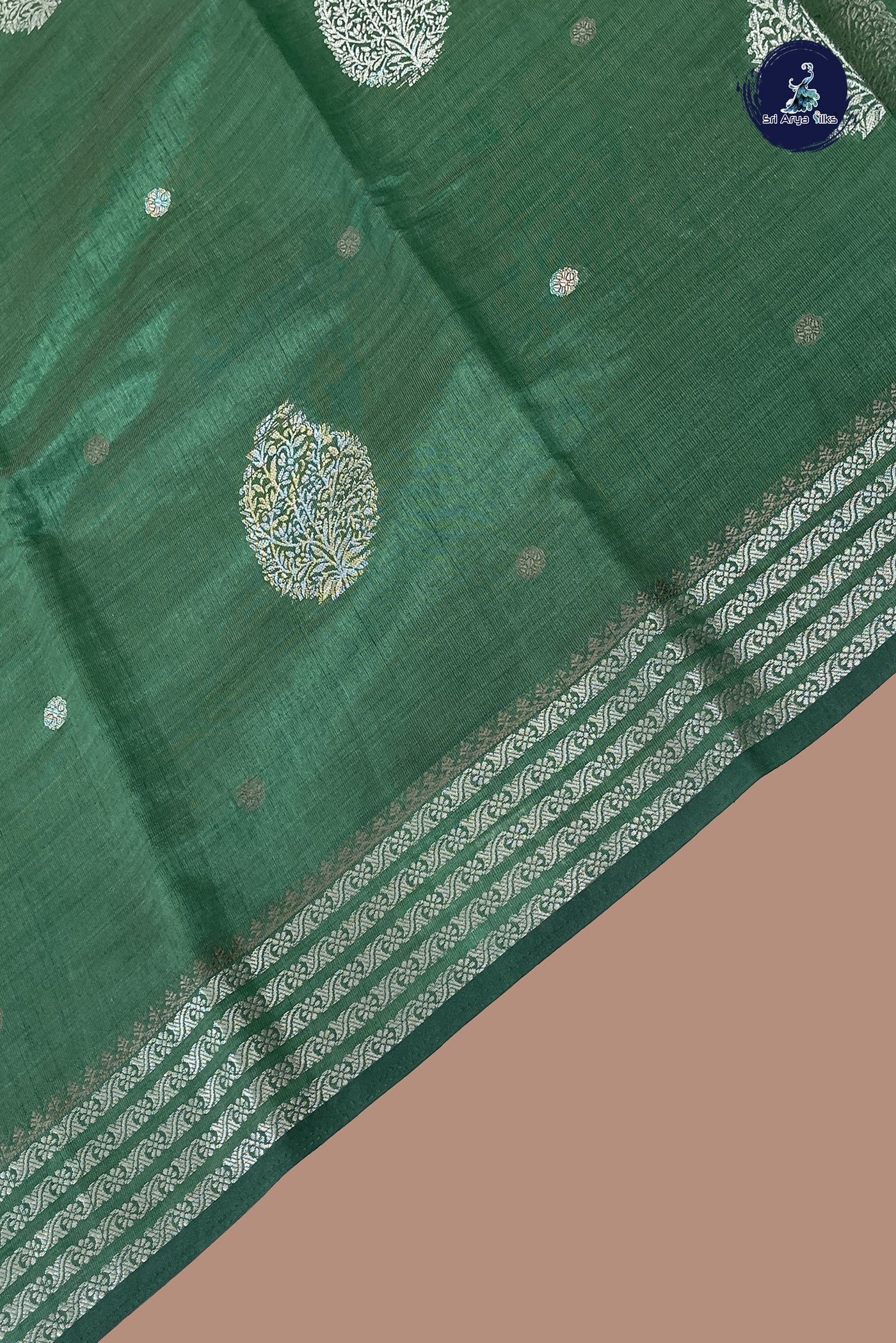 Dark Green Semi Tussar Saree With Zari Buttas Pattern