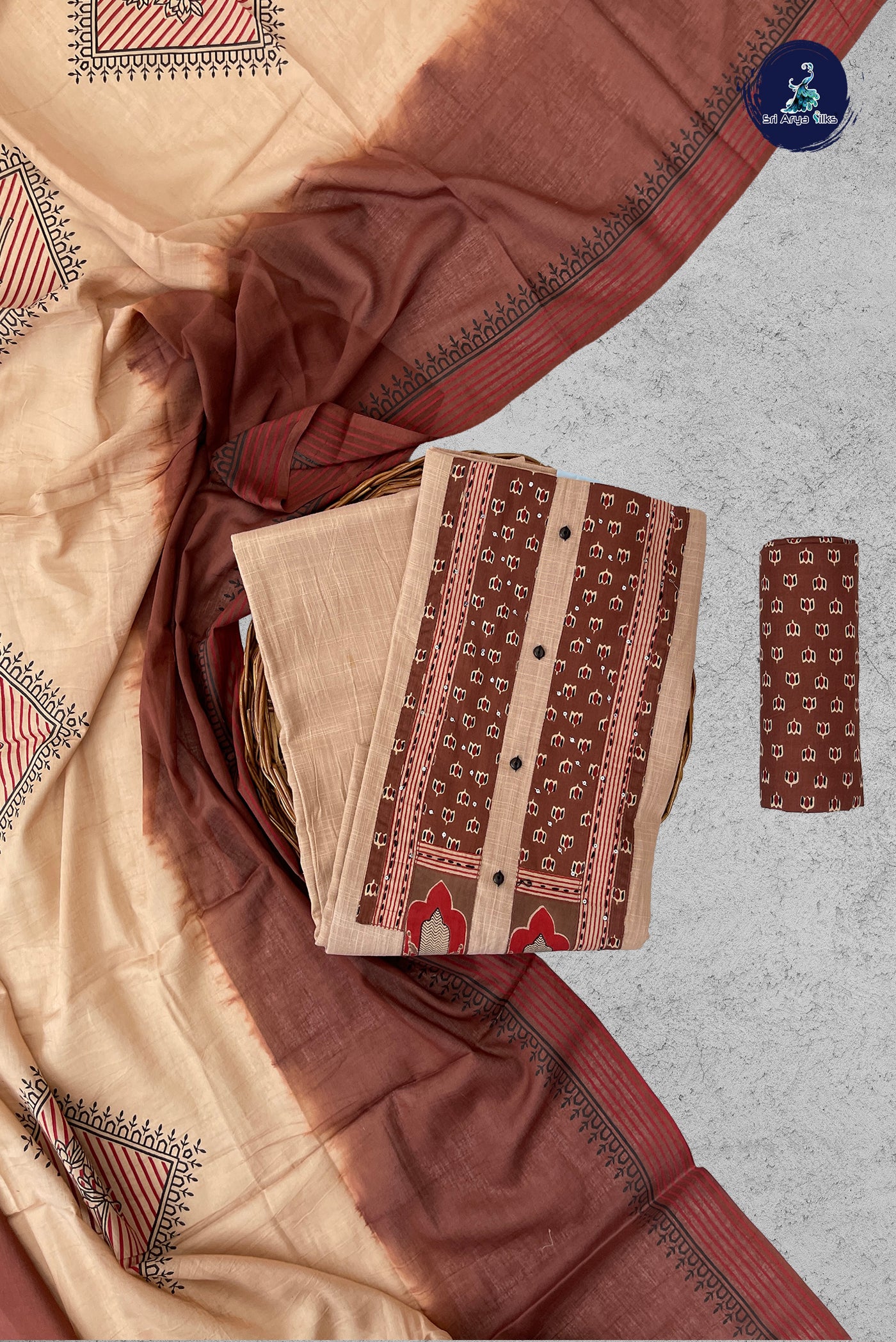 Beige Cotton Unstitched Salwar Suit