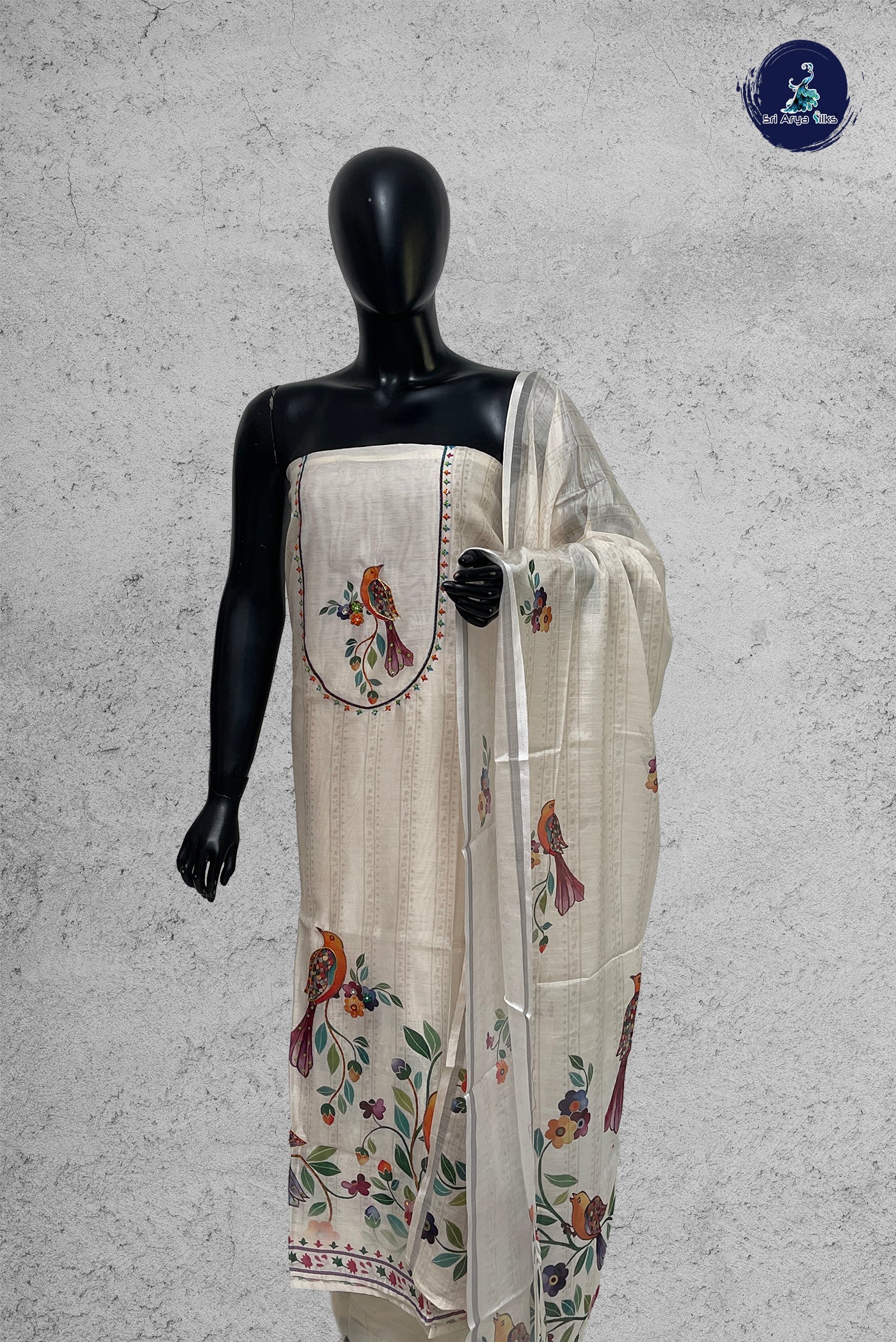 White Chanderi Silk Cotton Unstitched Salwar Suit