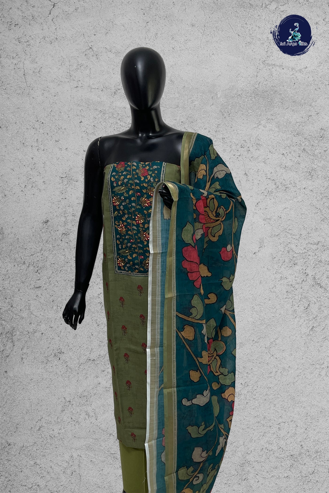 Green Cotton Unstitched Salwar Suit