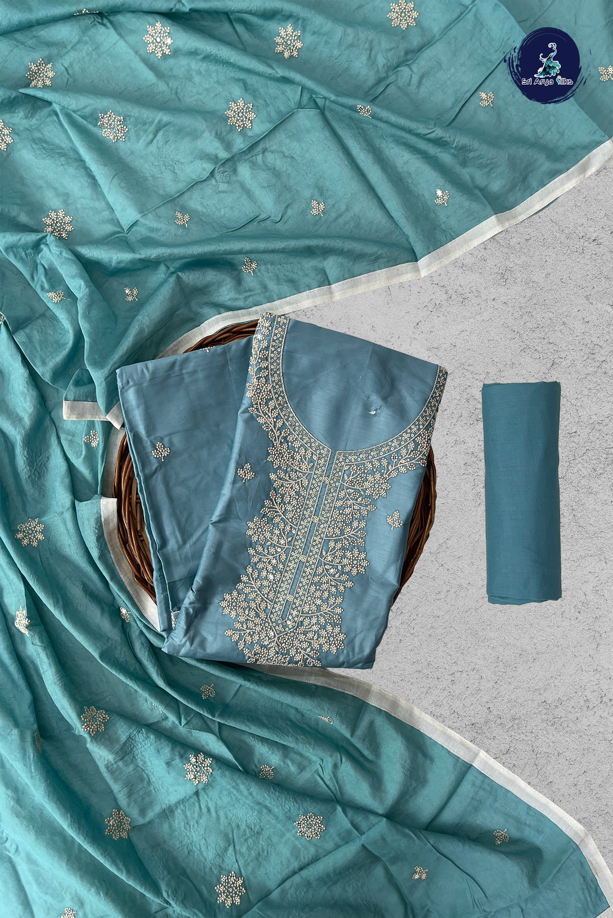 Blue Semi Banarasi Unstitched Salwar Suit